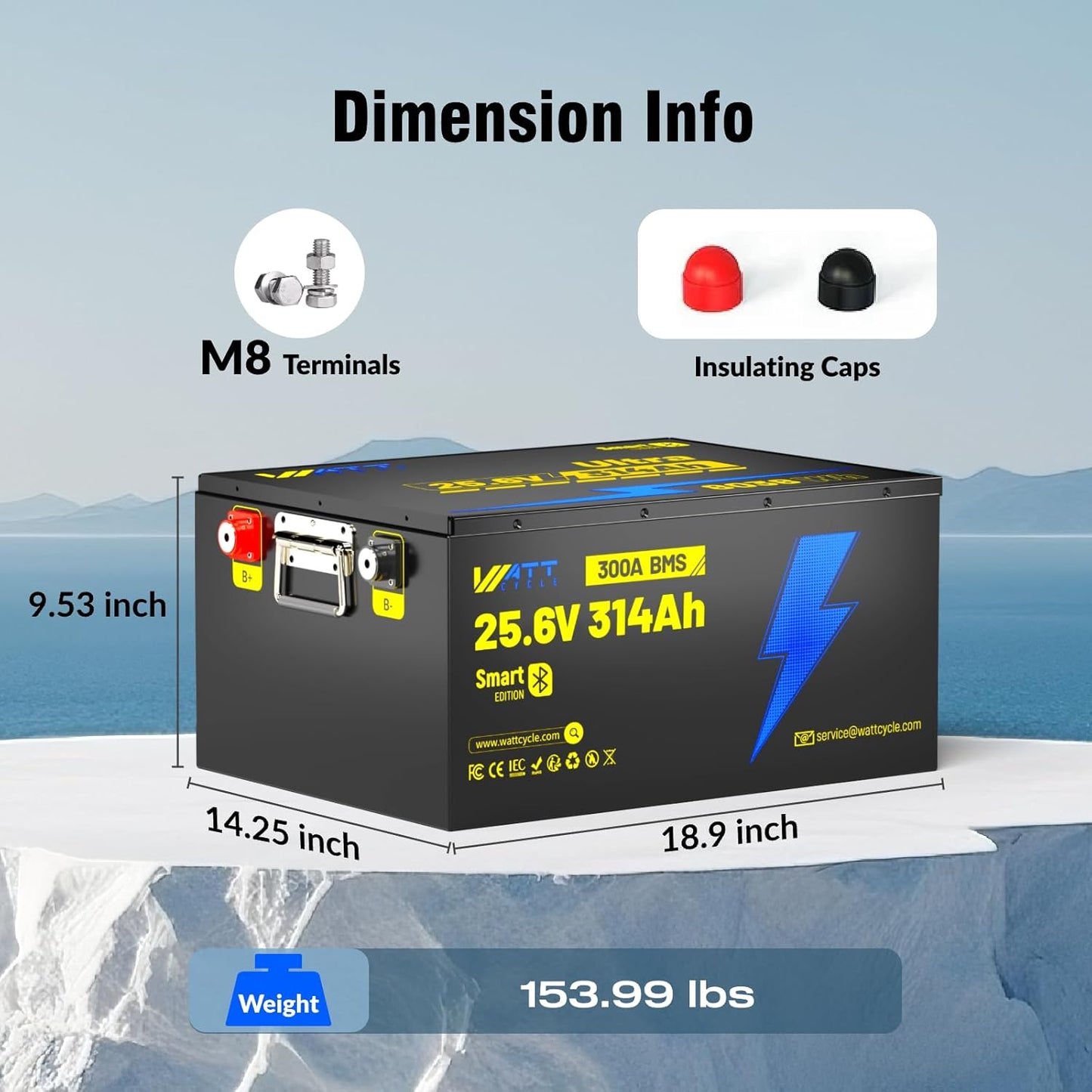 WattCycle 24V 314Ah LiFePO4 Battery, 24V Lithium Battery 300A BMS, LiFePO4 Battery 15000+ Deep Cycles, Rechargable Batteries Built-in Bluetooth, Perfect for Home Energy, RV, Marine, Solar