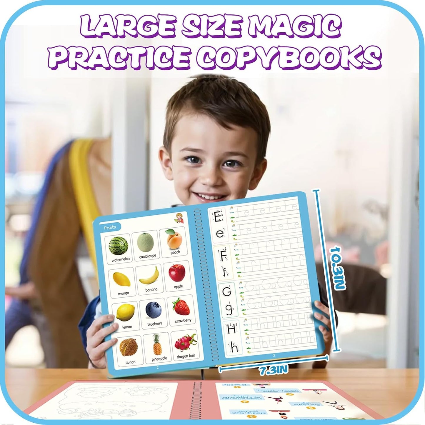Upgraded Large Size Magic Practice Writing Copybook, Reusable for Kids, Reusable Copybook Preschool for Kids Age 3-8 Calligraphy(4 Books with Pens)-Blue Bag