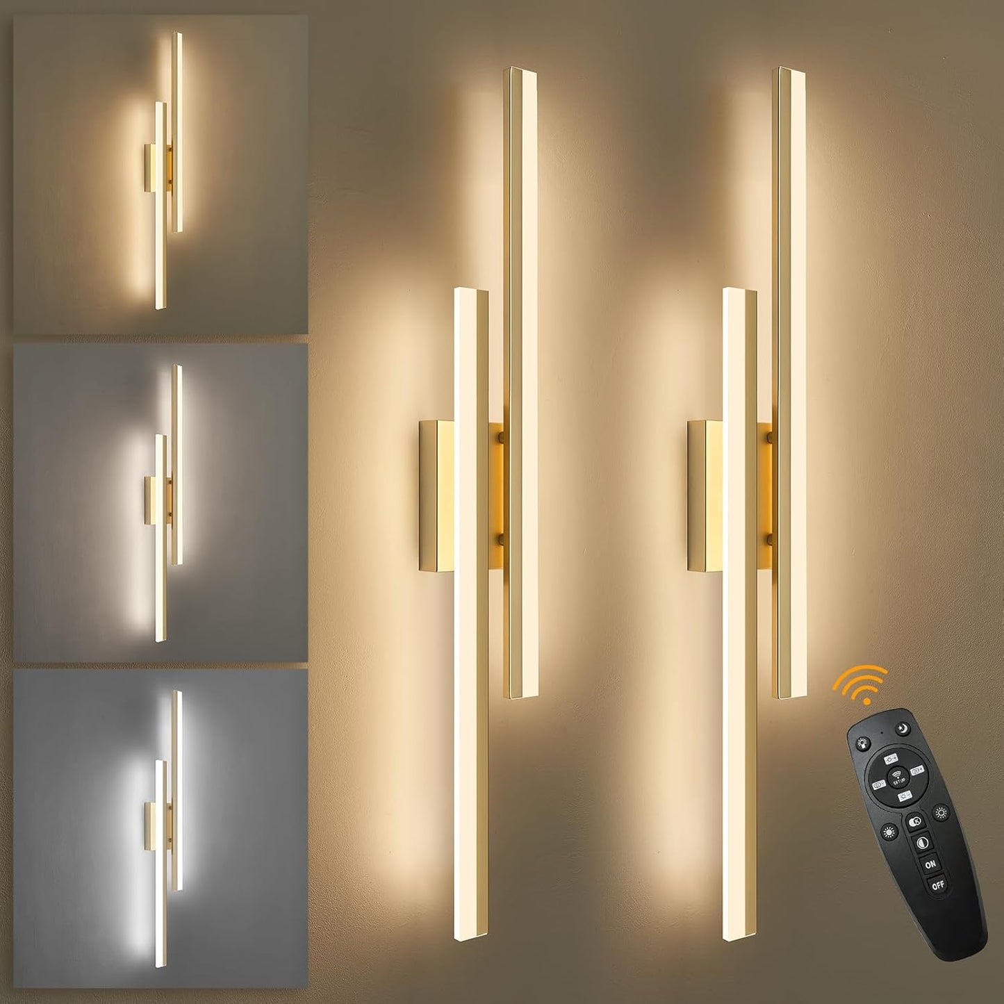 LED Wall Sconce Set of 2 Gold Remote Modern LED Vanity Lights Set of 2 Indoor Wall Light Fixtures for Living Room, Dimmable Wall Sconce for Bedside Bedroom Bathroom, 31.5inch 2 Pack