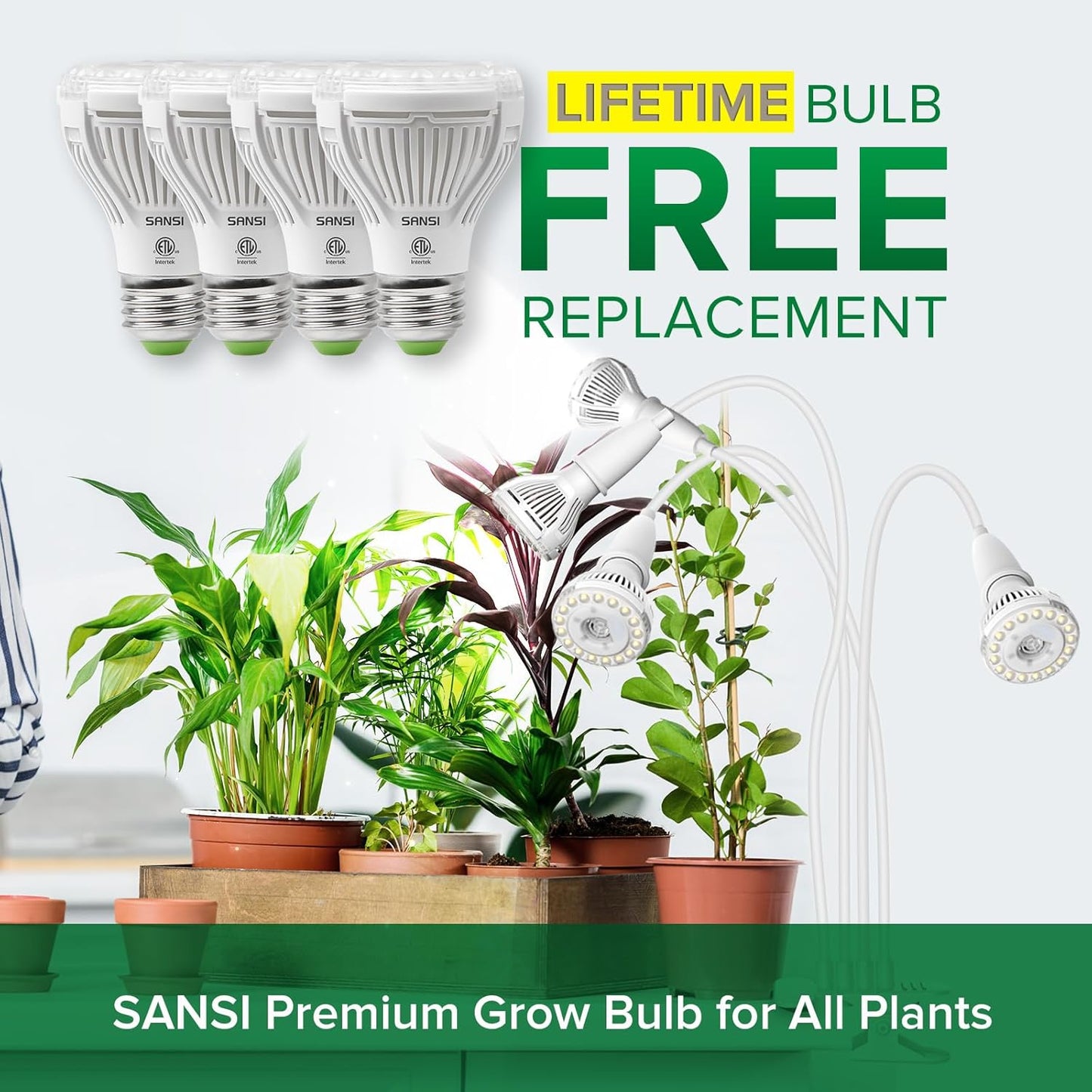SANSI LED Grow Lights for Indoor Plants, 600W Full Spectrum Clip-on Gooseneck Grow Light with Ceramic Tech.,40W Plant Light for Indoor Growing High PPFD, Lifetime Free Bulb Replacement White, No Timer