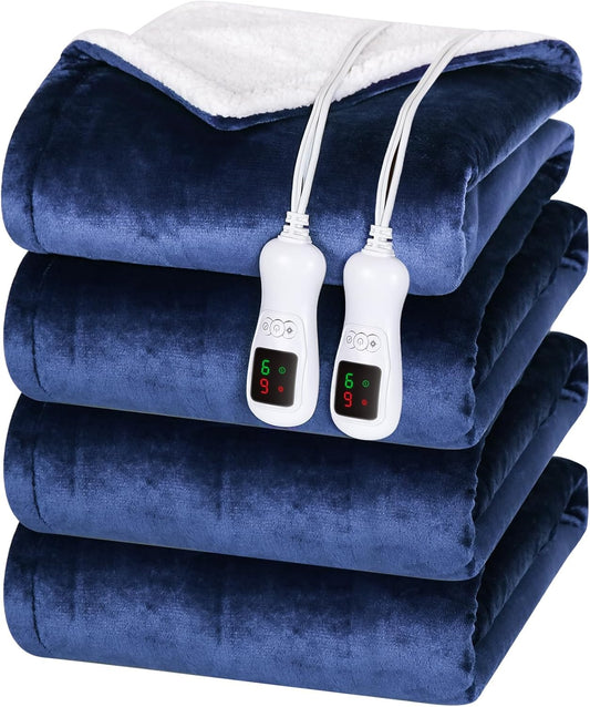 Electric Heated Blanket Queen Size, Washable Blanket Warmer with Dual Control for Home for Adults, Super Cozy Soft Flannel 84" x 90", 9 Heat Levels, 1-9H Auto-Off, ETL Certified, Navy Blue