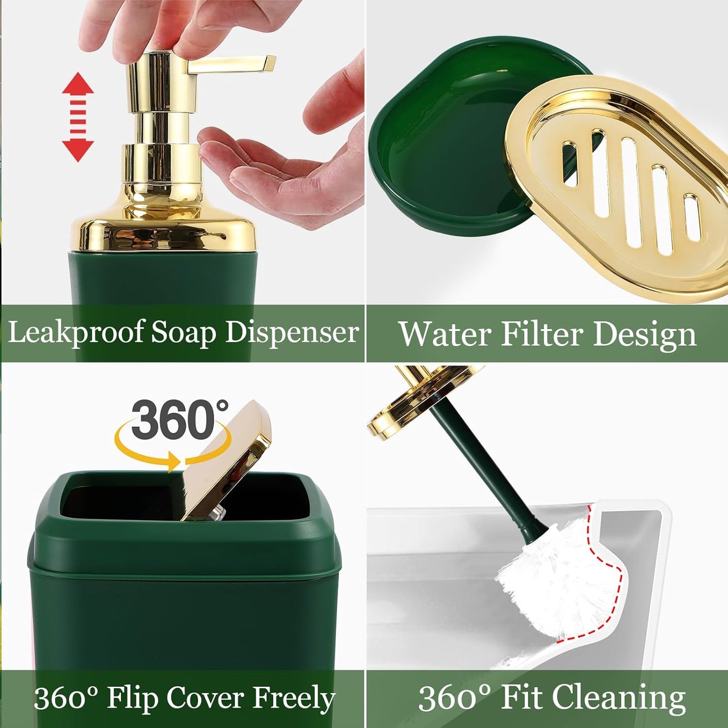 Bathroom Set - Green and Gold Bathroom Accessories, Bathroom Sets with Shower Curtain and Rugs, Green Shower Curtain Set with Bathroom Trash Can, Soap Dispenser, Soap Dish for Home Decor