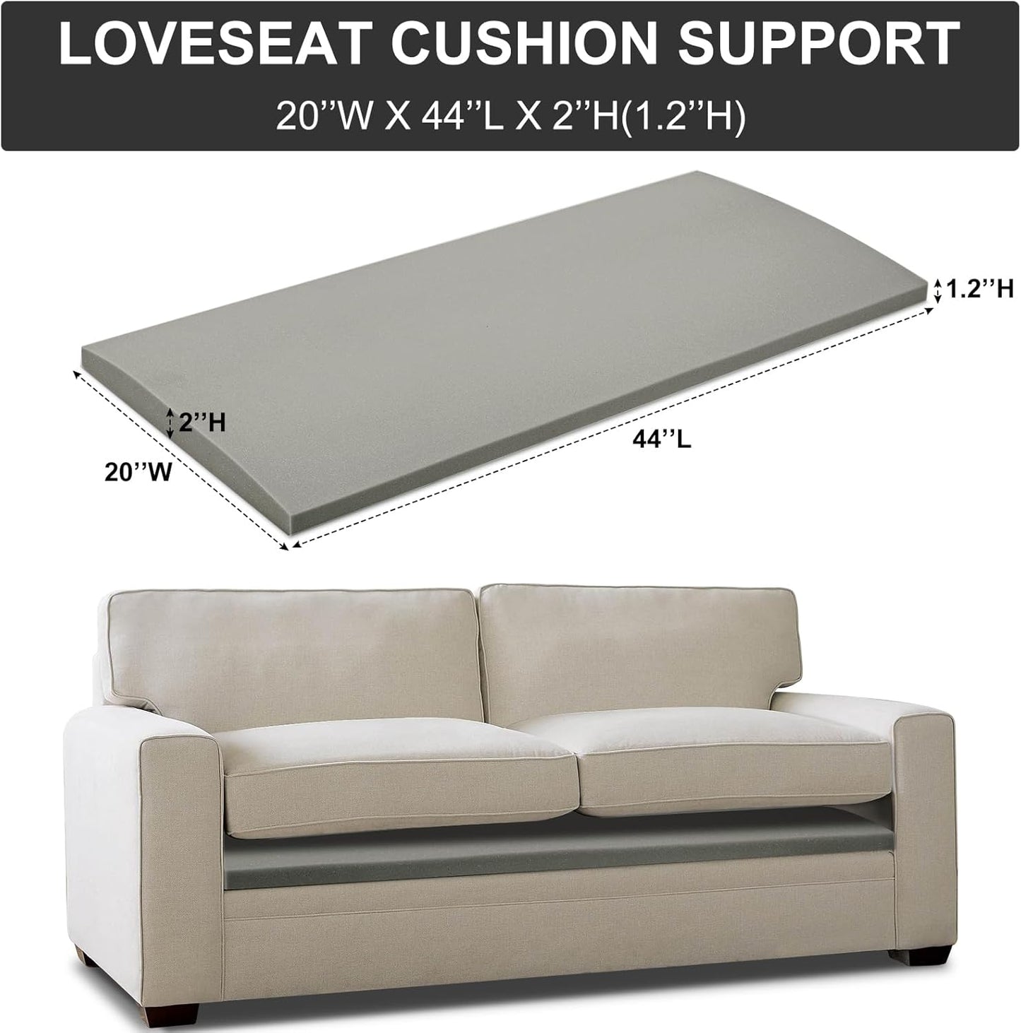HAVARGO Couch Cushion Support for Loveseat Sofa High Density Foam 44"x20" Inches Sofa Couch Supports for Sagging Cushions Light Grey 1PC with Anti Slip Mesh Fabric