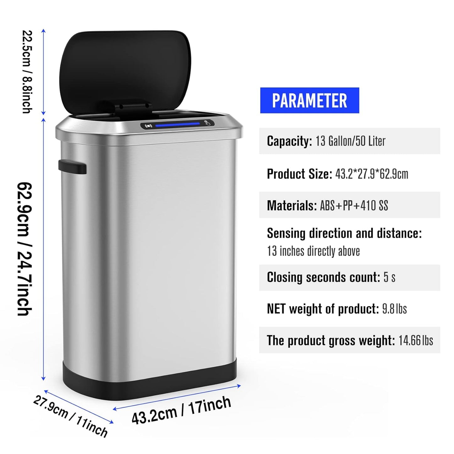 Touchless Automatic Motion Sensor Trash Can, 50L/13 Gallon Stainless Steel Smart Bin for Kitchen, Office, Bedroom, Living Room with Built-in Bag Holder - Black