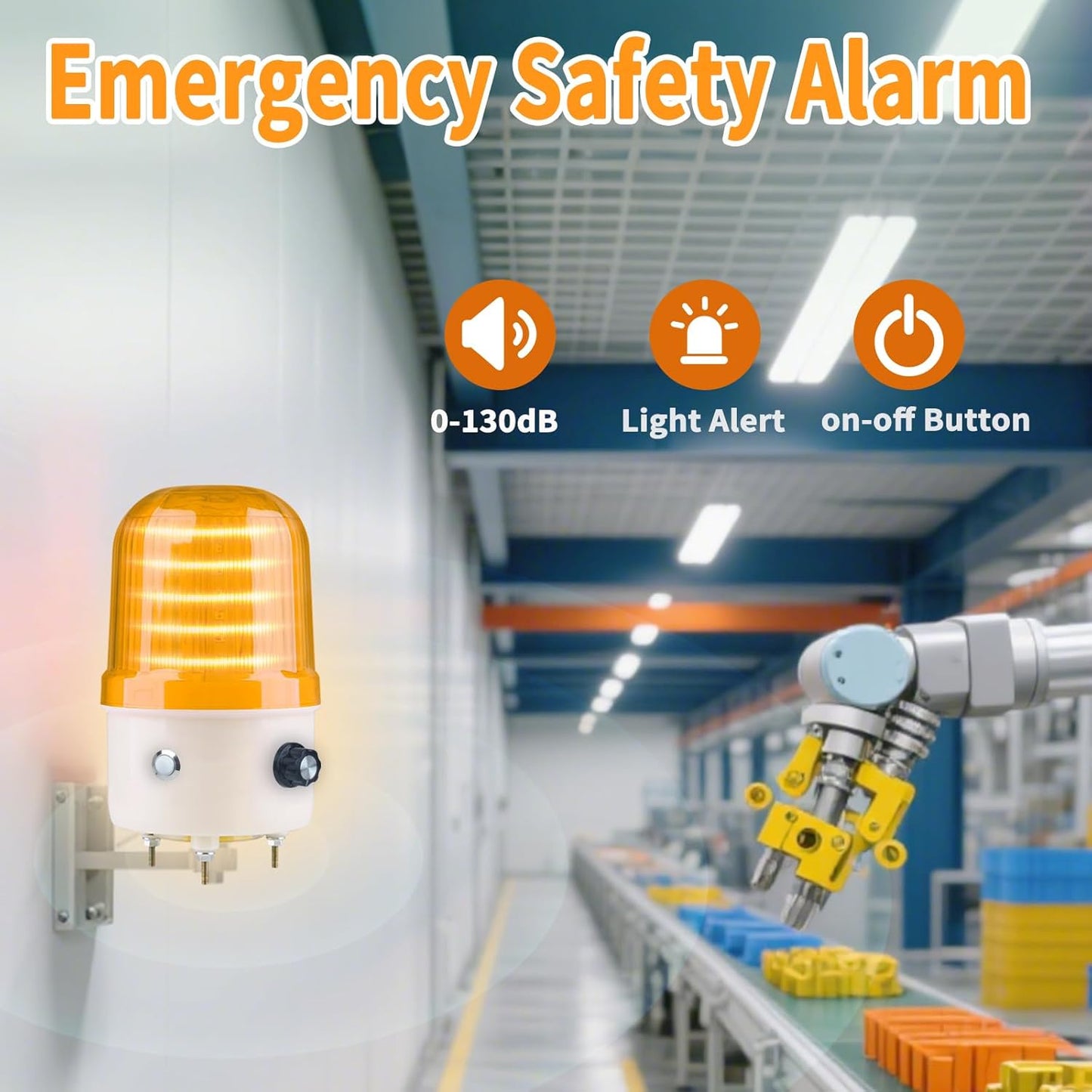 Industrial LED Rotating Warning Light, AC110V Red Strobe Light for Public Emergency Alarms, Indoor/Outdoor Safety Siren with Volume Adjustment/Plug and Buzzer (Yellow PRO(0-130dB,AC110V))