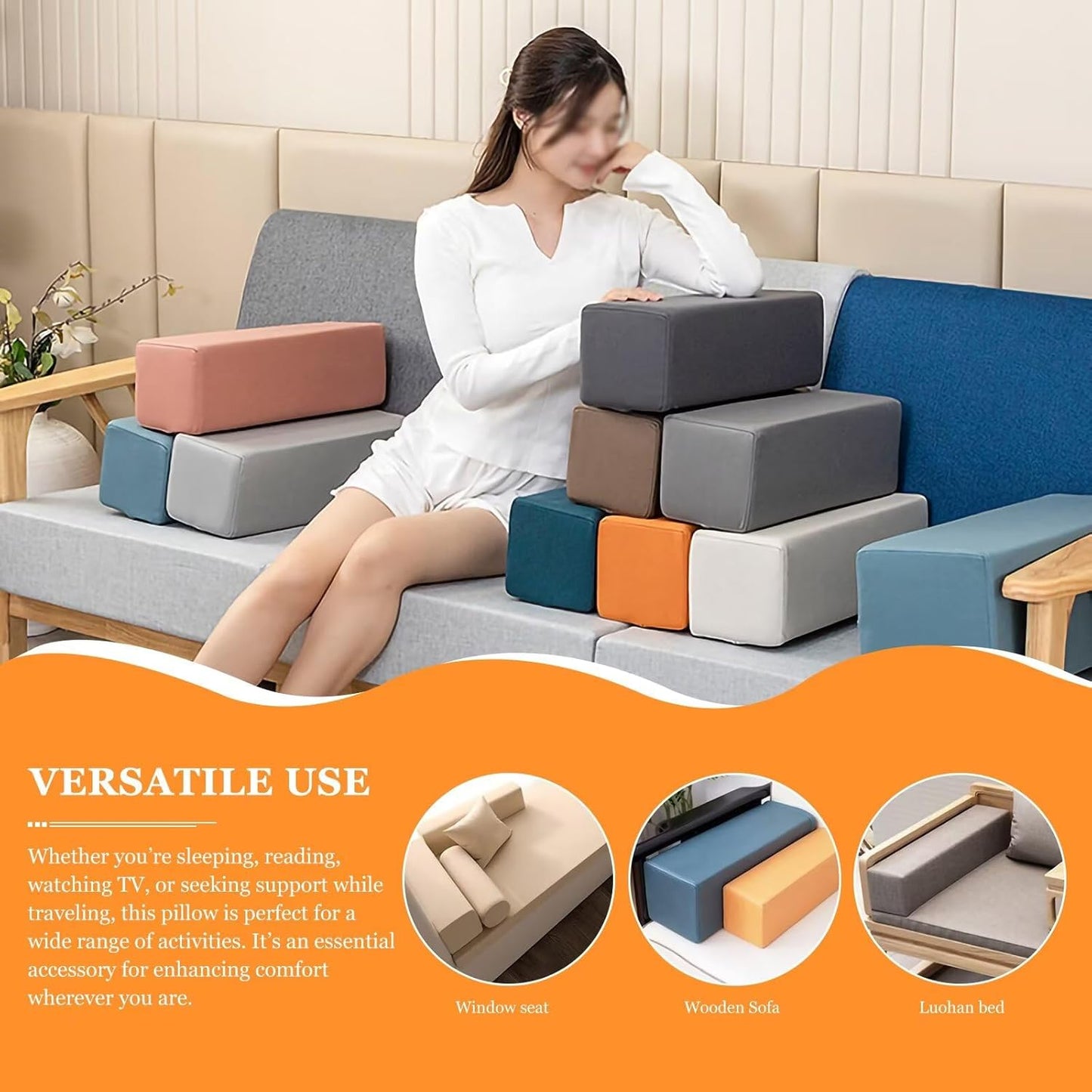 2 Pack Couch Arm Rest Pillow 6''x6''x20'' Faux Leatharie Armrest Cushion, High Density Foam Pillows, Removable & Washable Headboard Elbow Support for Armchair Sofa Bed, Blue