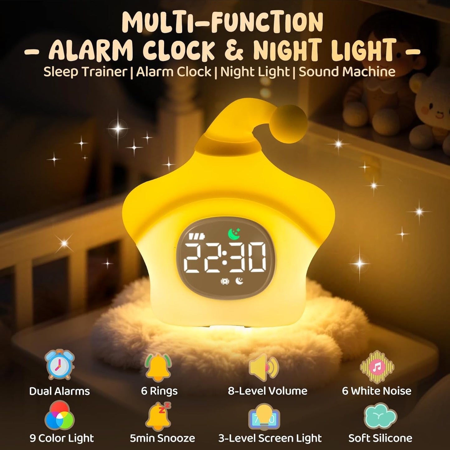 Star Alarm Clock with Night Light for Kids with Sleep Training and Sound Machine, Rechargeable Silicone Lamp OK to Wake Clock，Cute Animal Tabletop Lamp, Perfect Sleep Companion for Boys Girls, Yellow