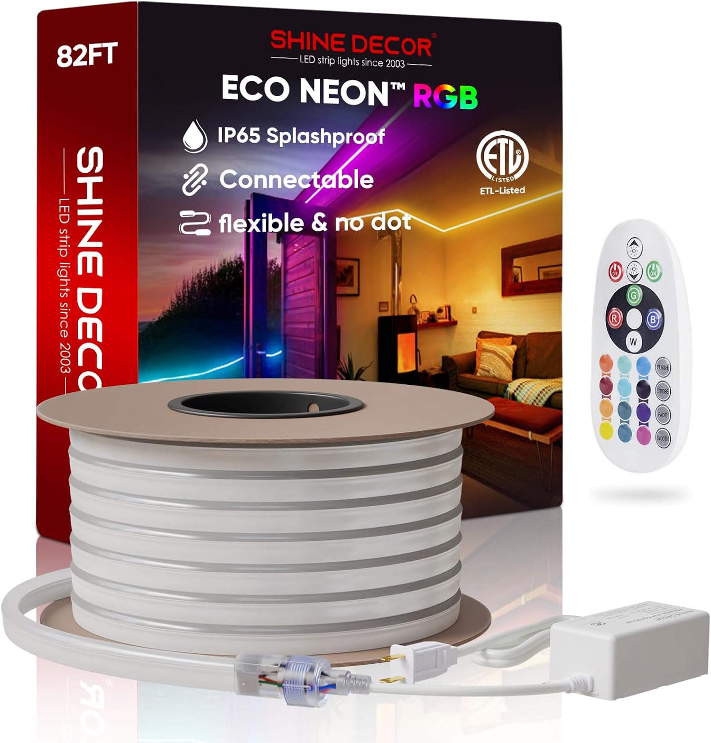 Shine Decor LED RGB Neon Rope Lights AC 120V, Expandable & Cuttable Bright Strip Lighting with Remote, Dimmable Color Changing, ETL Cold-Resistant & IP65 Waterproof for in&Outdoor, 10x20mm, 82FT
