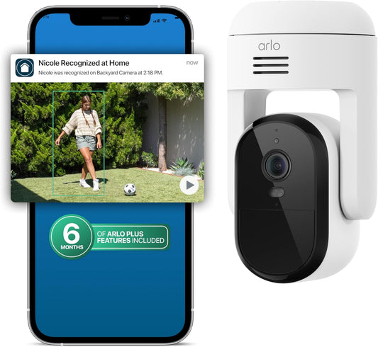Arlo Essential Pan Tilt Security Camera 2K + 6 Months of Secure Plus Plan - Wired Plug-in Power Outdoor Camera, Person Recognition, Package Detection, Animated Preview, Auto Motion Tracking, 1 Cam