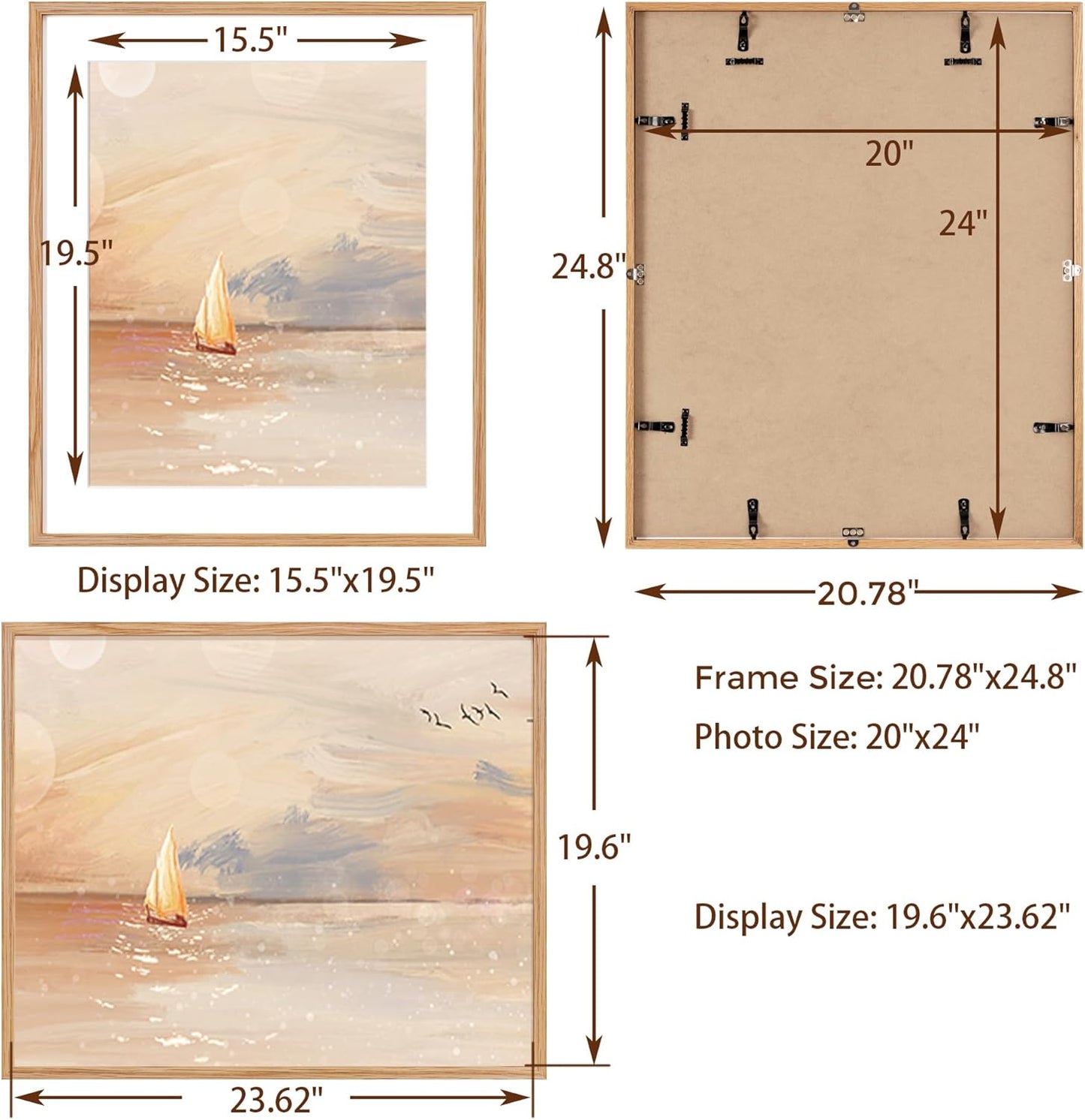 Rustic Oak Wooden Picture Frame, 20x24 with Tempered Glass, Matted to 16x20 (Natural Oak, 1 Pack)