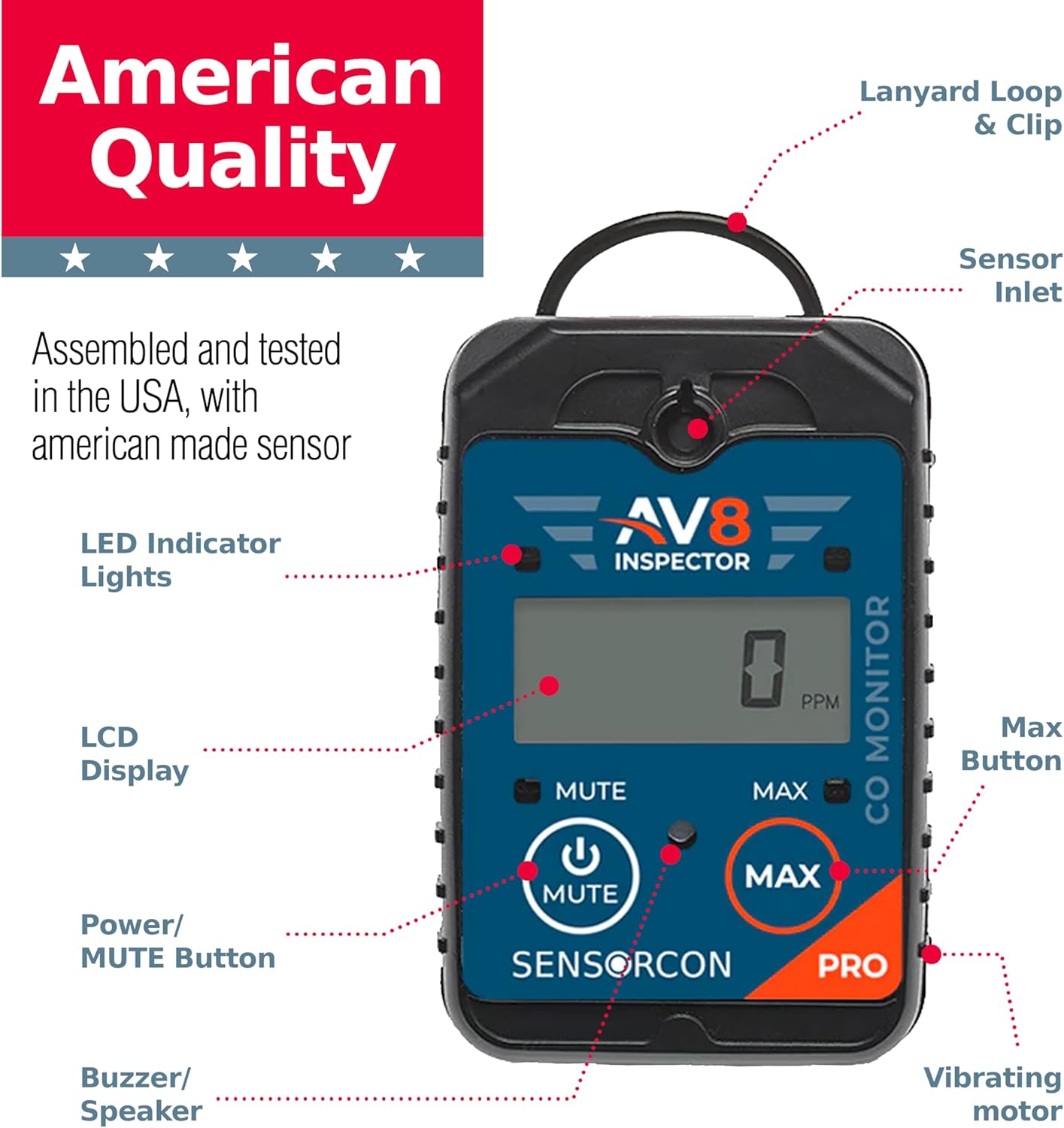 AV8 Inspector Pro Portable Carbon Monoxide Detectors for Aviation – Professional-Grade Carbon Monoxide Monitor with Visual, Audio and Vibration Alarms