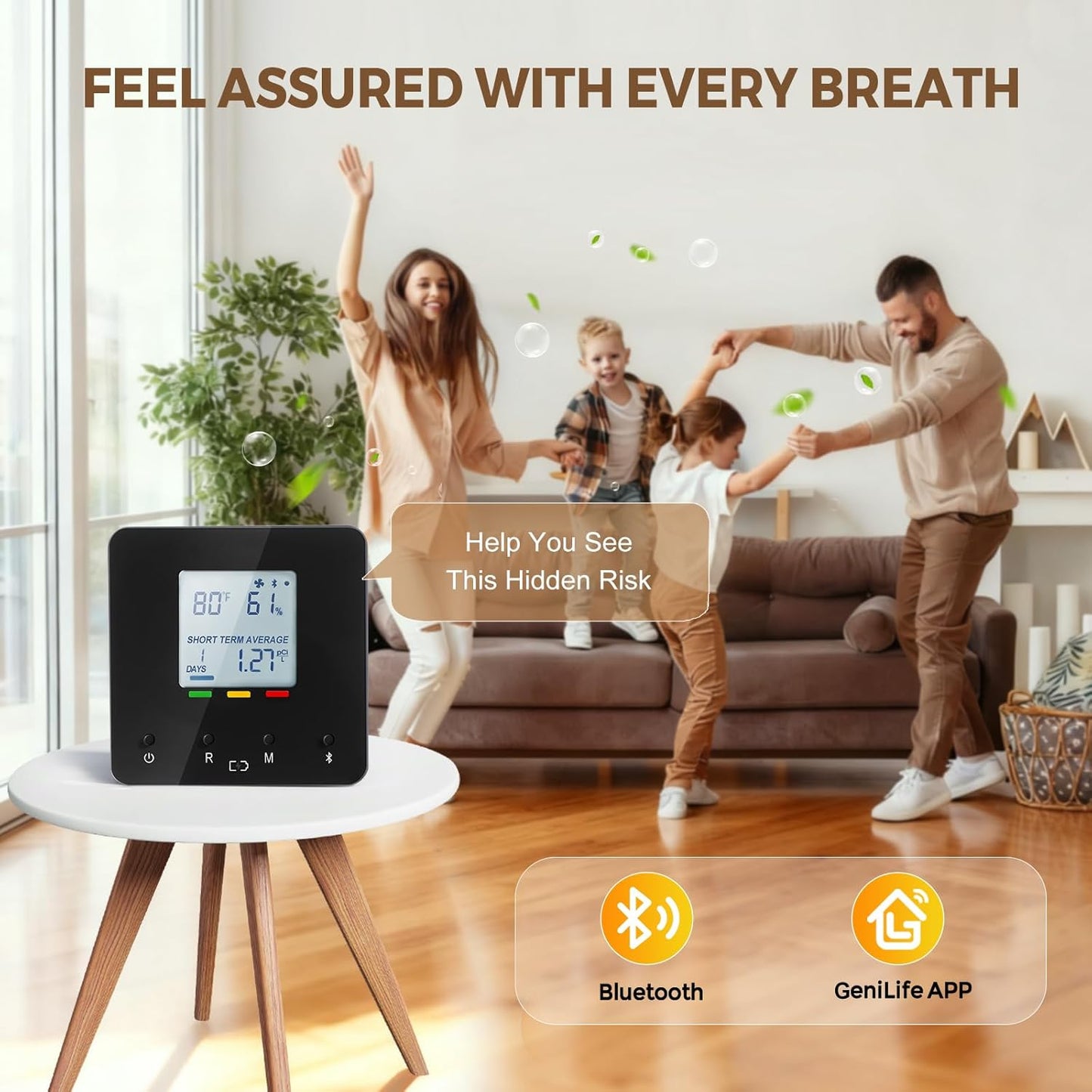 Bluetooth Radon Detector for Home, Portable Radon Tester with Real Time Gas Concentration, Temp & Humidity Monitoring, App Alerts, Detect Hidden Risks and Breathe with Confidence, Black