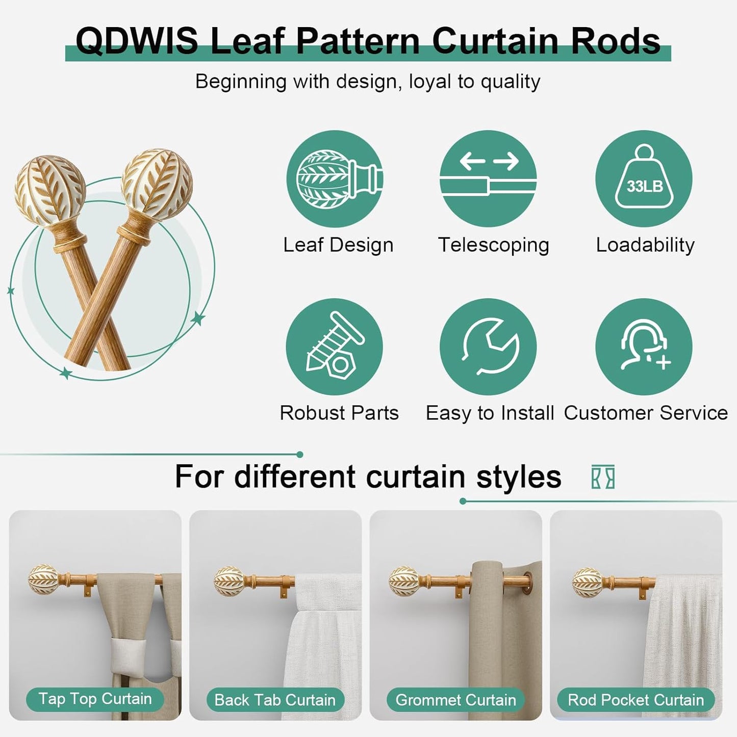 Boho Wood Curtain Rods for Windows 28 to 48 inch,1" Adjustable Heavy Duty Window Curtain Rod with Imitation Wood Grain Finials,Rustic Decorative Drapery Rods Set,Size:18-60'',Maple Wood