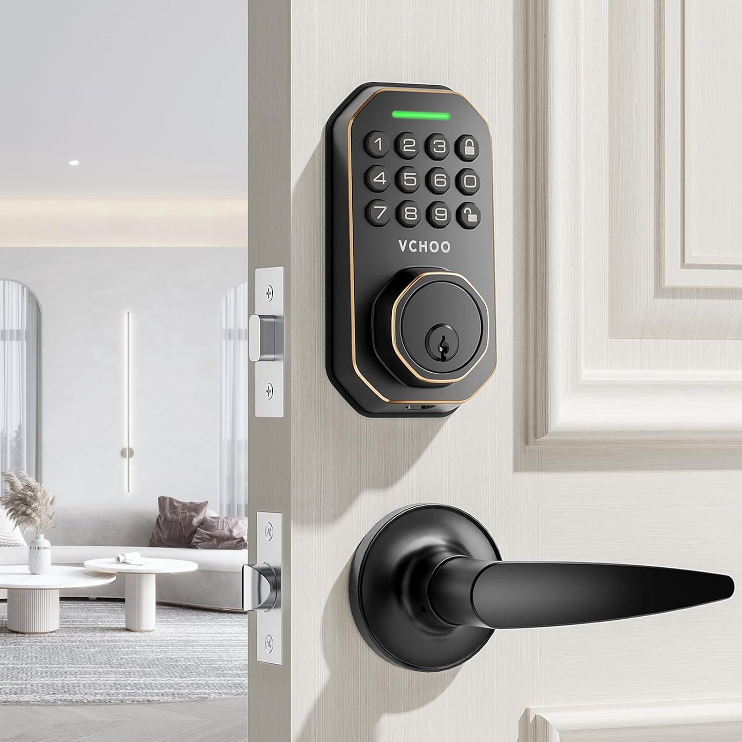 Keyless Entry Door Lock Set Smart Locks for Front Keypad Door Lock with Handle Automatic Lock One Time Password Anti Peeping Password IP54, Bronze