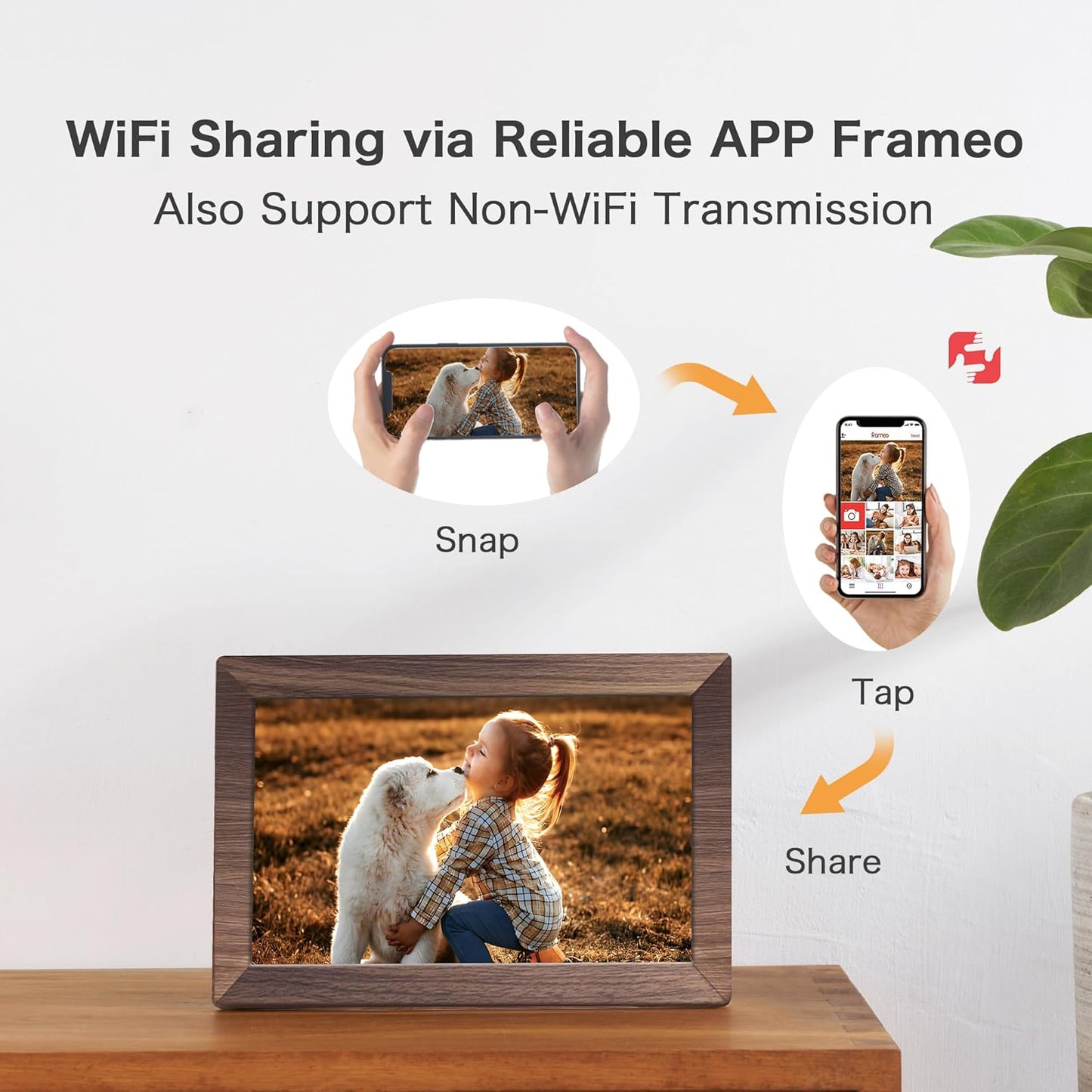 Digital Picture Frame, Frameo WiFi 10.1 Inch 1280 * 800IPS Touch Screen Digital Photo Frame, 32GB Memory, Auto-Rotate, Share Videos Pictures, Birthday Gift for Friend, Family, Wood Color Plastic Frame