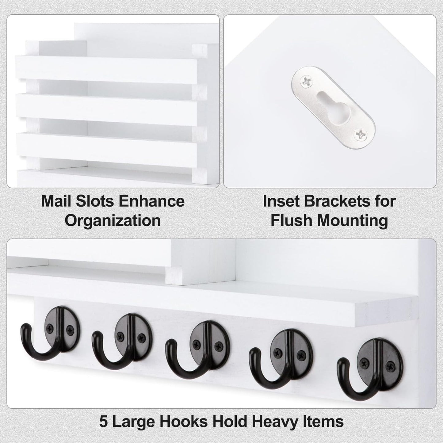 Key Holder for Wall – Decorative Wooden Mail Holder and Key Shelf with Mounting Hardware, Installation Guide – Paulownia Wood with 5 Metal Key Hooks (11.8” x 6.7” x 2.8”)