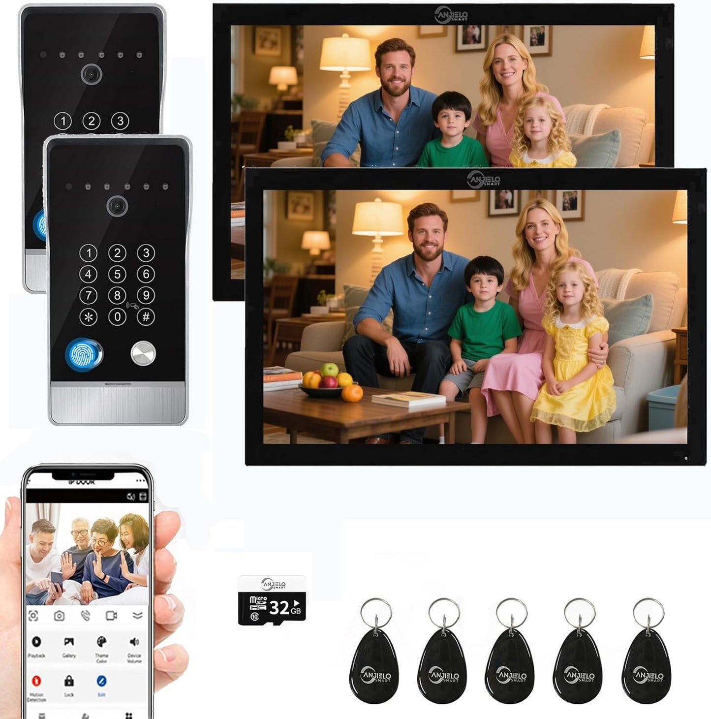 Wired Video Door Phone Apartment Intercom System,10 Inch Touch Monitor with 1080P doorbell,Support Fingerprints, RFID Cards,Passwords,Unlock Motion Detection for Home (2 Doorbell + 2 Monitor)