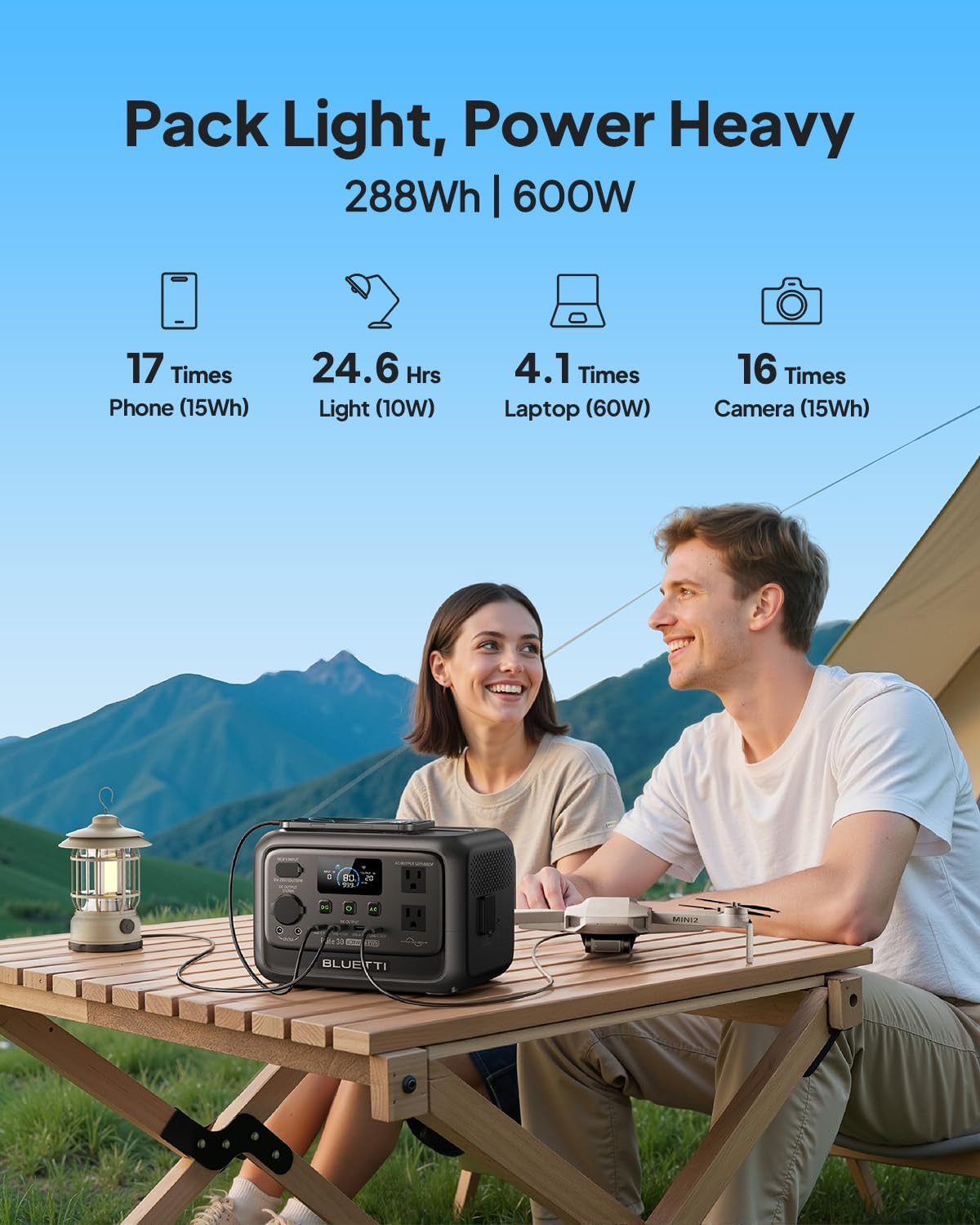 BLUETTI Elite 30 V2 Portable Power Station, 288Wh Solar Generator, 600W AC Outlets (Power Lifting 1500W), 0-100% in 70 Min, LFP Battery Backup for Camping, Trip, Outage (Include Solar Charging Cable)