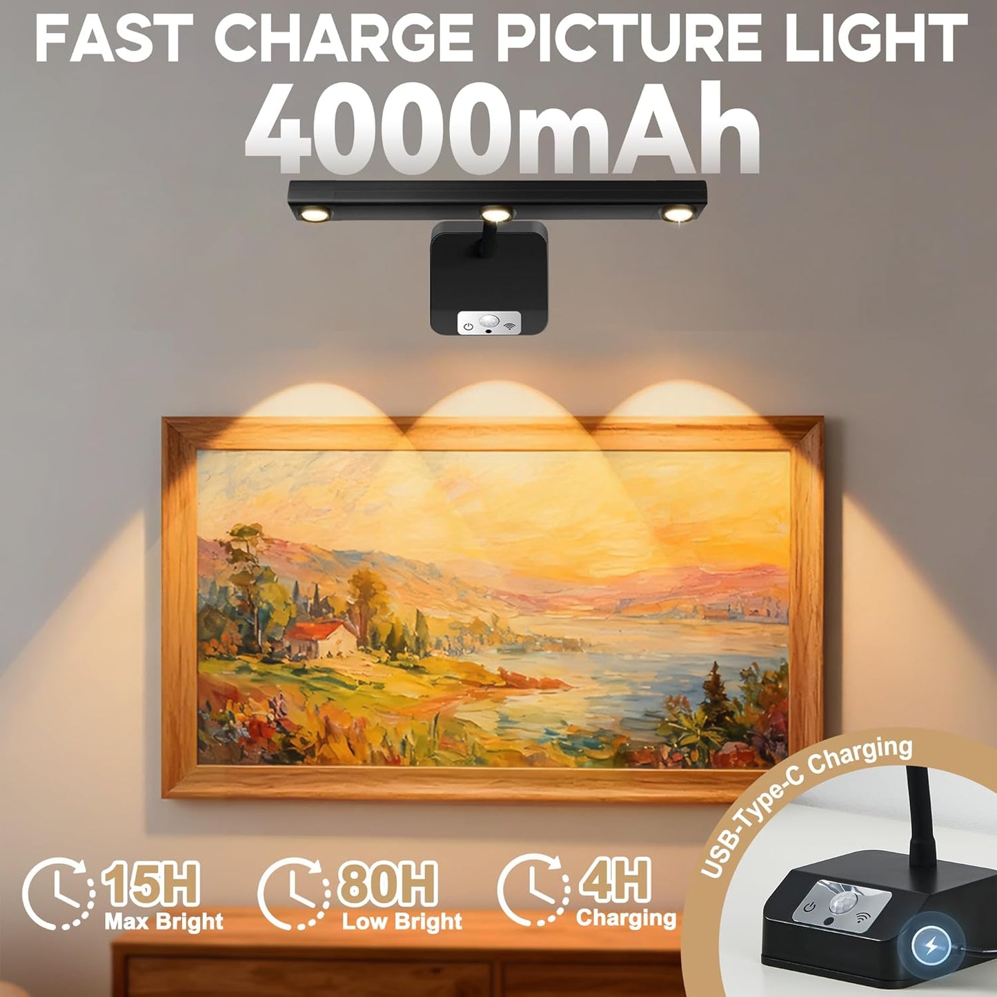 Motion Sensor Wireless Picture Lights for Wall, Dimmable Battery Operated Picture Light with Timer, Extendable Painting Light with Remote, 3 Color Temp, Rotatable Wall Art Light for Paintings