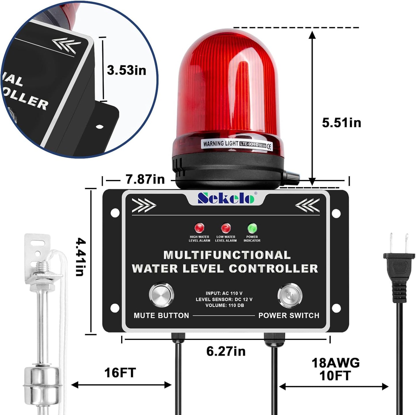 110V Sump Pump Alarm – High/Low Water Level Alarm with 30-110dB Loud Siren and LED Indicator Light, 16ft Probe Cable, Ideal for Sewage Pumps and Basements