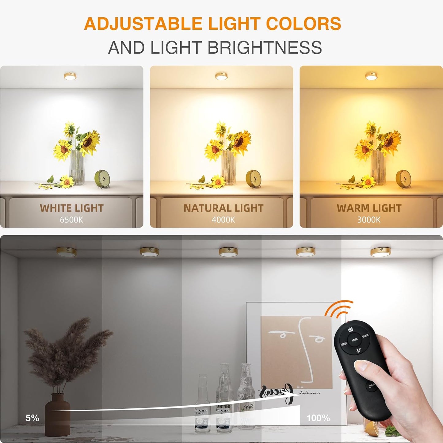 Rechargeable Puck Lights with Remote Control,LED Under Cabinet with Full-Screen,3 Color Temperatures Stick On Lights Wireless, Tap Light for Kitchen,Cabinet,Counter,Closet,Shelf,2 Pack, Gold