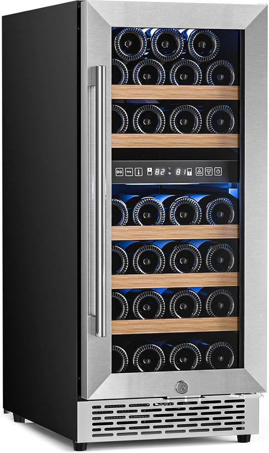 Antarctic Star Wine Fridge 15 Inch Wine Cooler Refrigerator,27 Bottles Dual Zone Freestanding or Bulit-in Wine Cooler Fridge with Stainless Steel Double-Layer Tempered Glass Door,3.1cu.ft