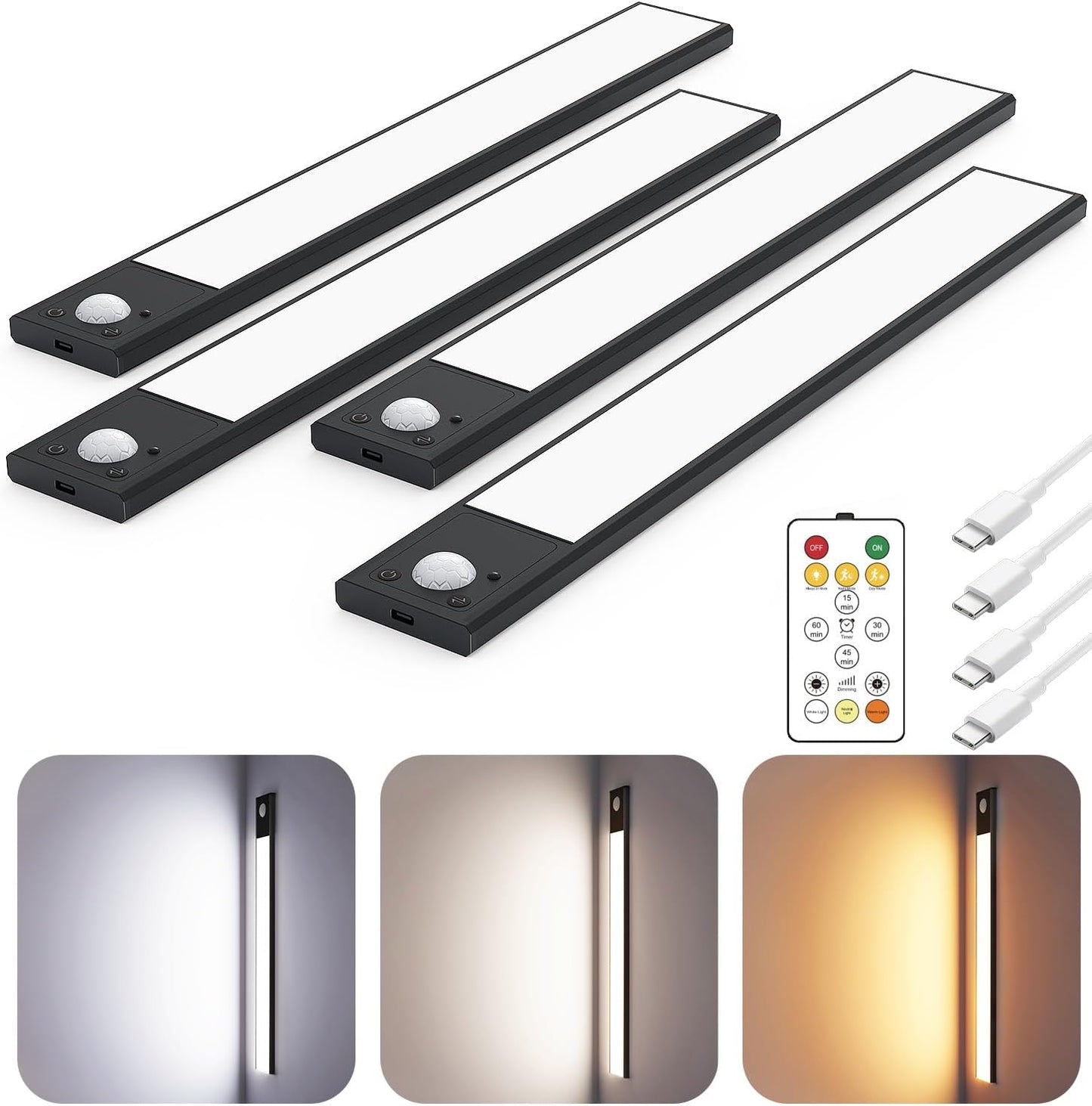 12" Ultra-Thin Under Cabinet Lighting Wireless, Aluminum Alloy Under Counter Lights for Kitchen, 3-Color-Temps Magnetic Closet Lights, Rechargeable Motion Sensor Light Indoor (4 Pack, Black)