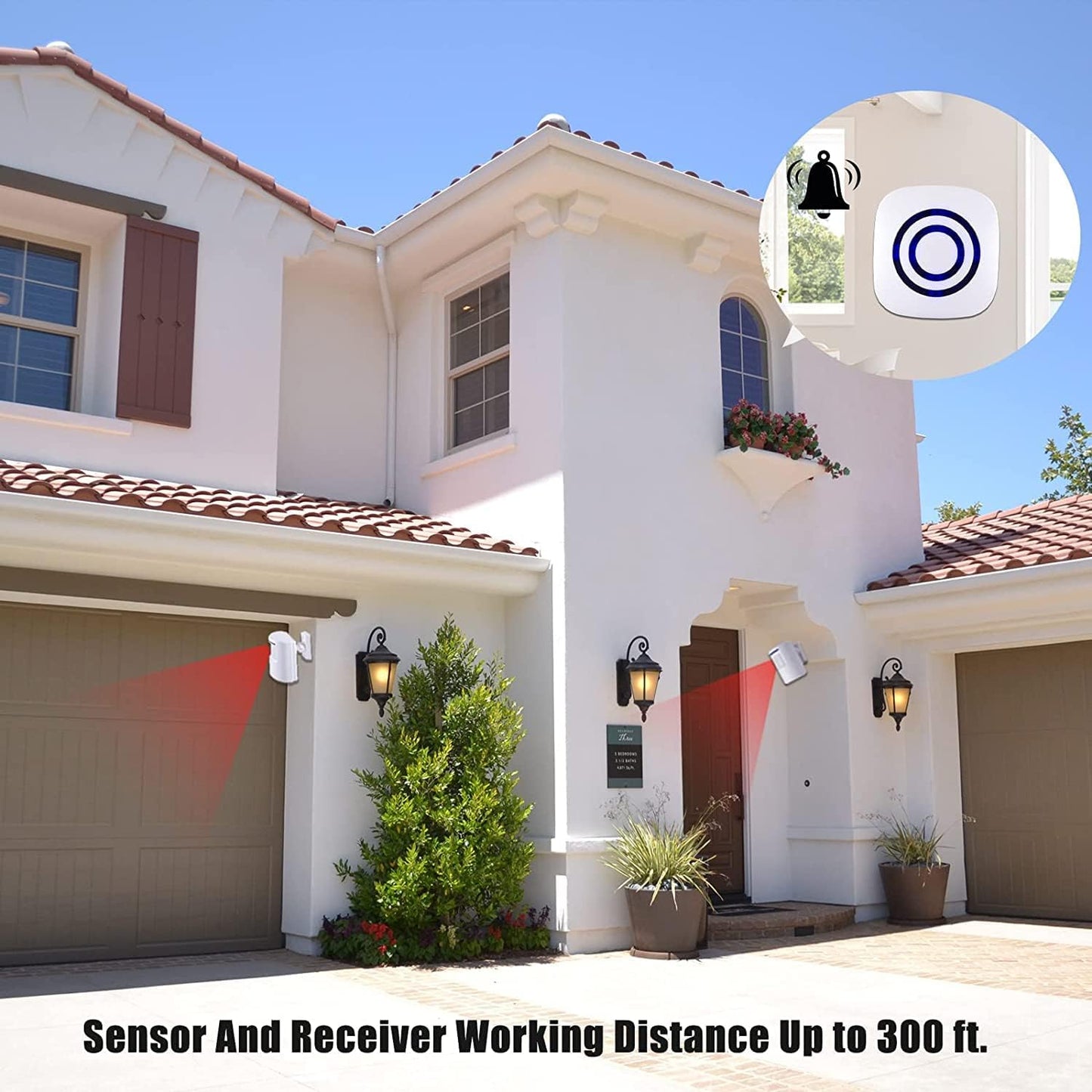 Motion Sensor Alarm, Long Range Wireless Driveway Alarm, Indoor Home Security System Electric Doorbells, 4 Motion Detector and 2 Alarm, 38 Chime Tunes, LED Indicator