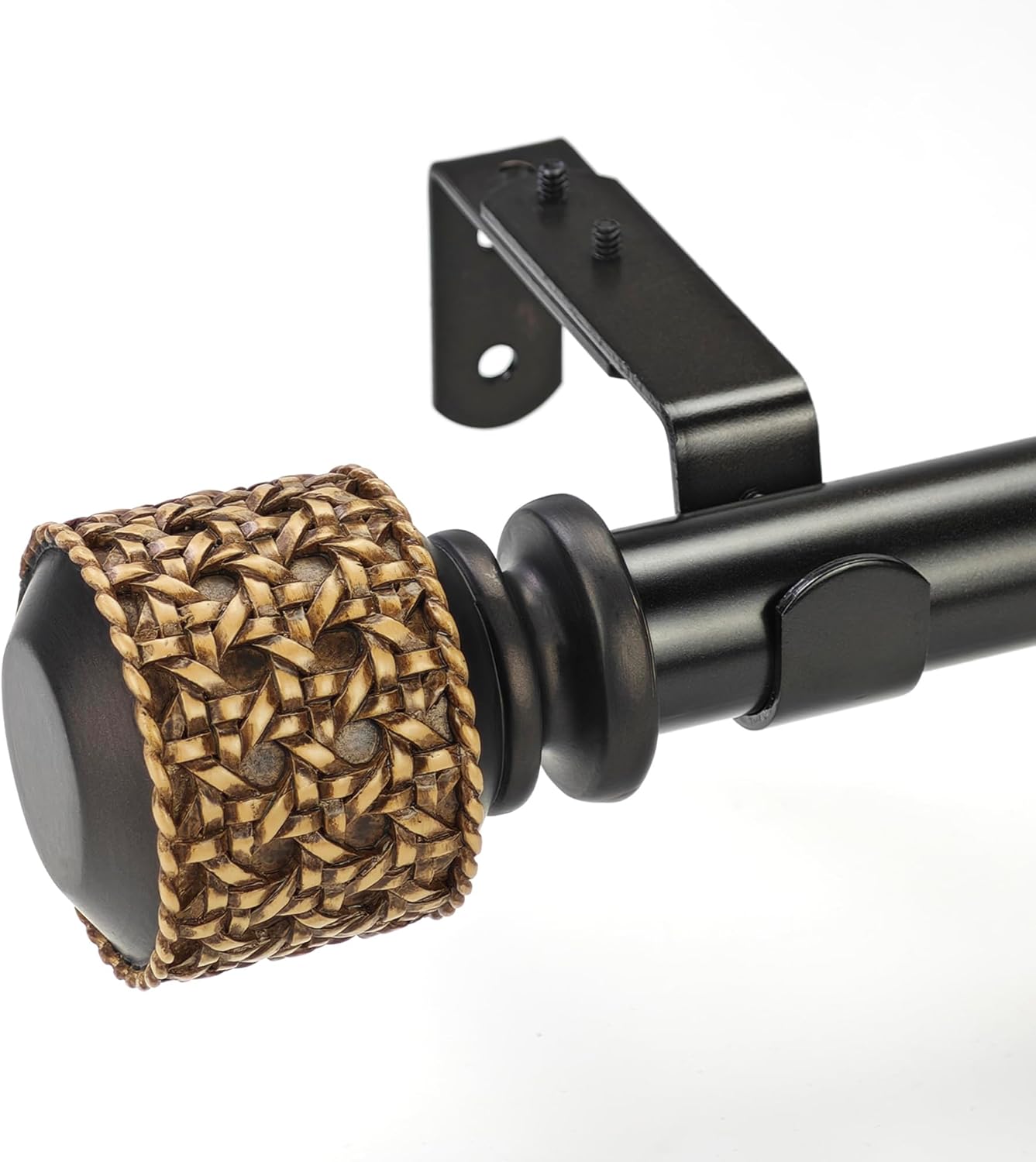 1-1/8 Inch Diameter Dark Bronze Curtain Rods with Faux Rattan Cane Woven Finials, 72-144'' Telescoping Single Curtain Rods for window width 68-140 inch, 1 pack
