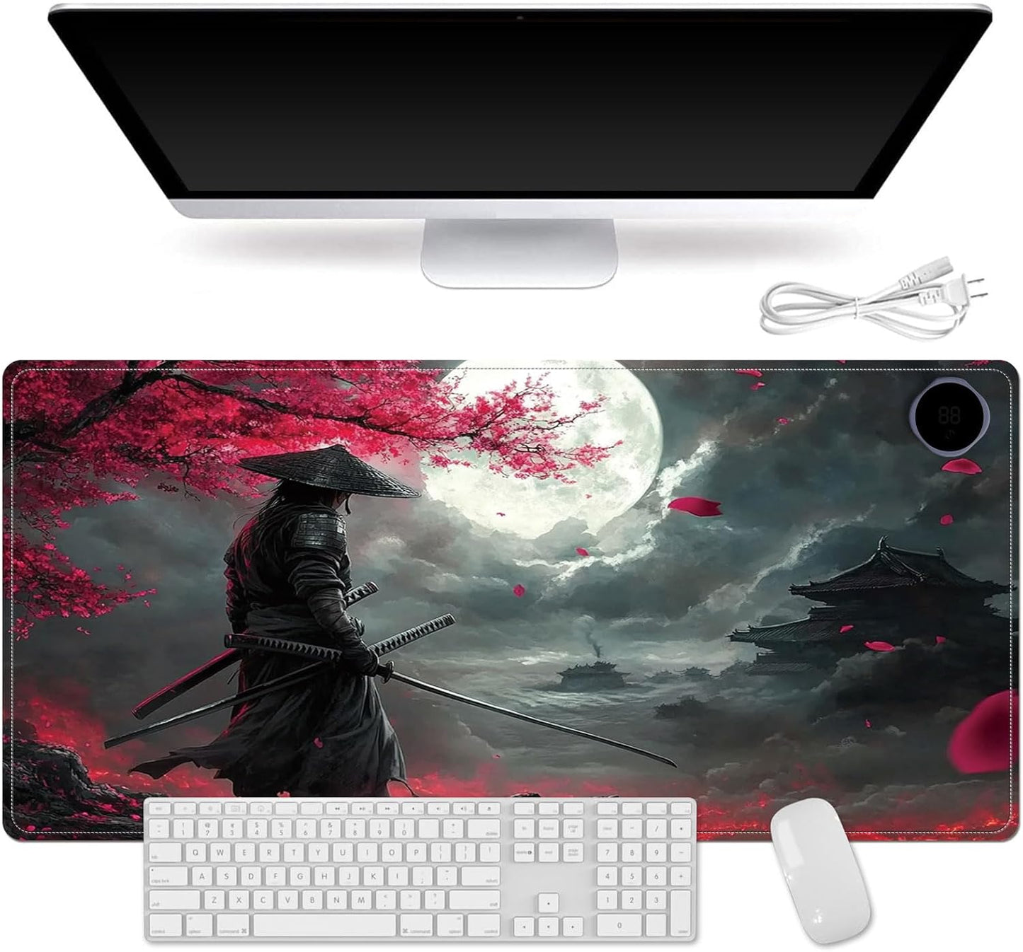 Heated Mouse Pad for Desk 31.5" x 13" – PU Leather Warm Desk Pad with 3 Heat Levels (104°F/113°F/122°F), Plug-in Electric Heating Mat with Auto Shut-Off, Waterproof & Rollable, Samurai