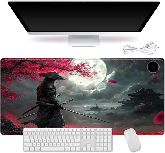 Heated Mouse Pad for Desk 31.5" x 13" – PU Leather Warm Desk Pad with 3 Heat Levels (104°F/113°F/122°F), Plug-in Electric Heating Mat with Auto Shut-Off, Waterproof & Rollable, Samurai