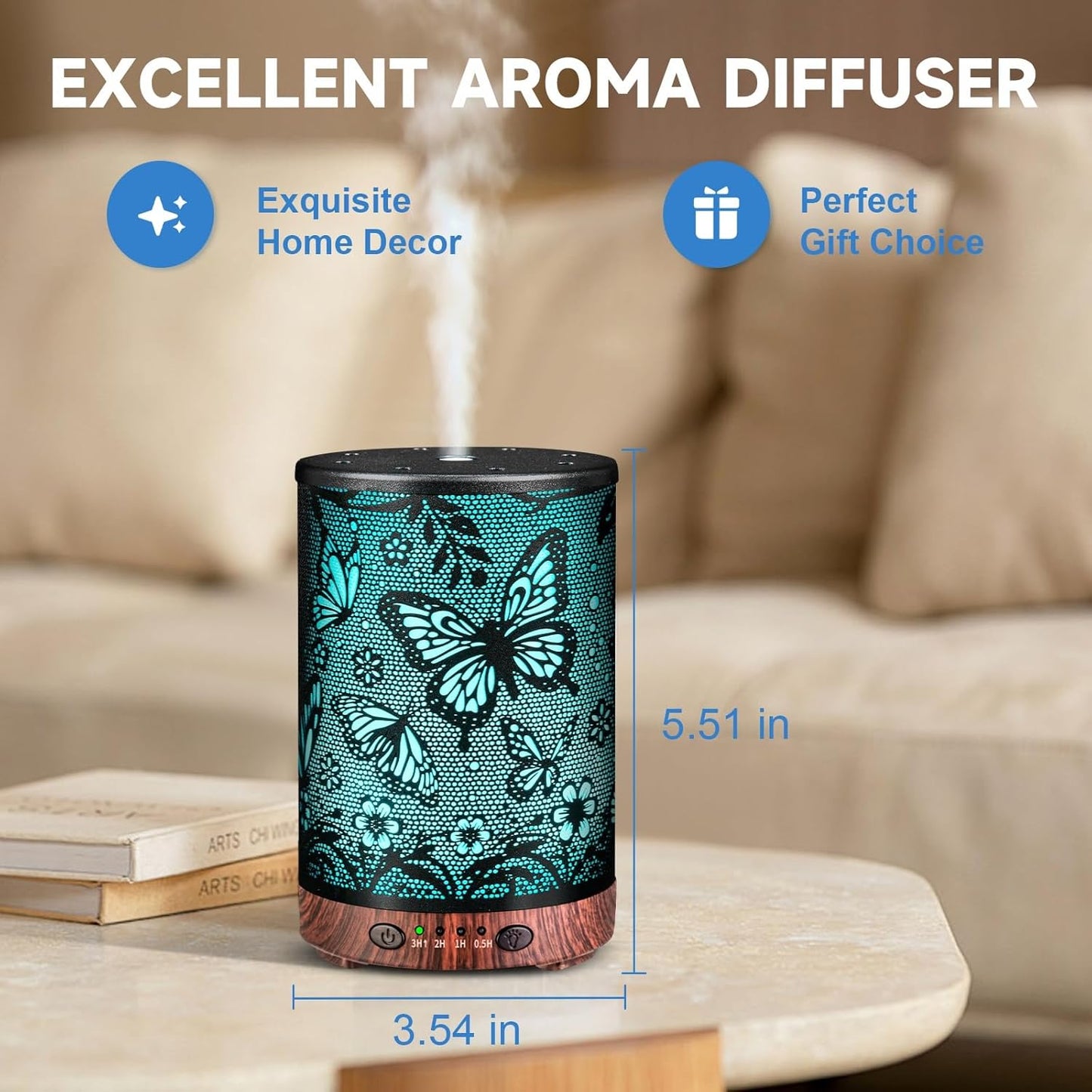 Essential Oil Diffuser Metal Aromatherapy Diffuser, Cool Mist Diffuser with 7 Color Lights for Home Office Spa (Big Butterfly)