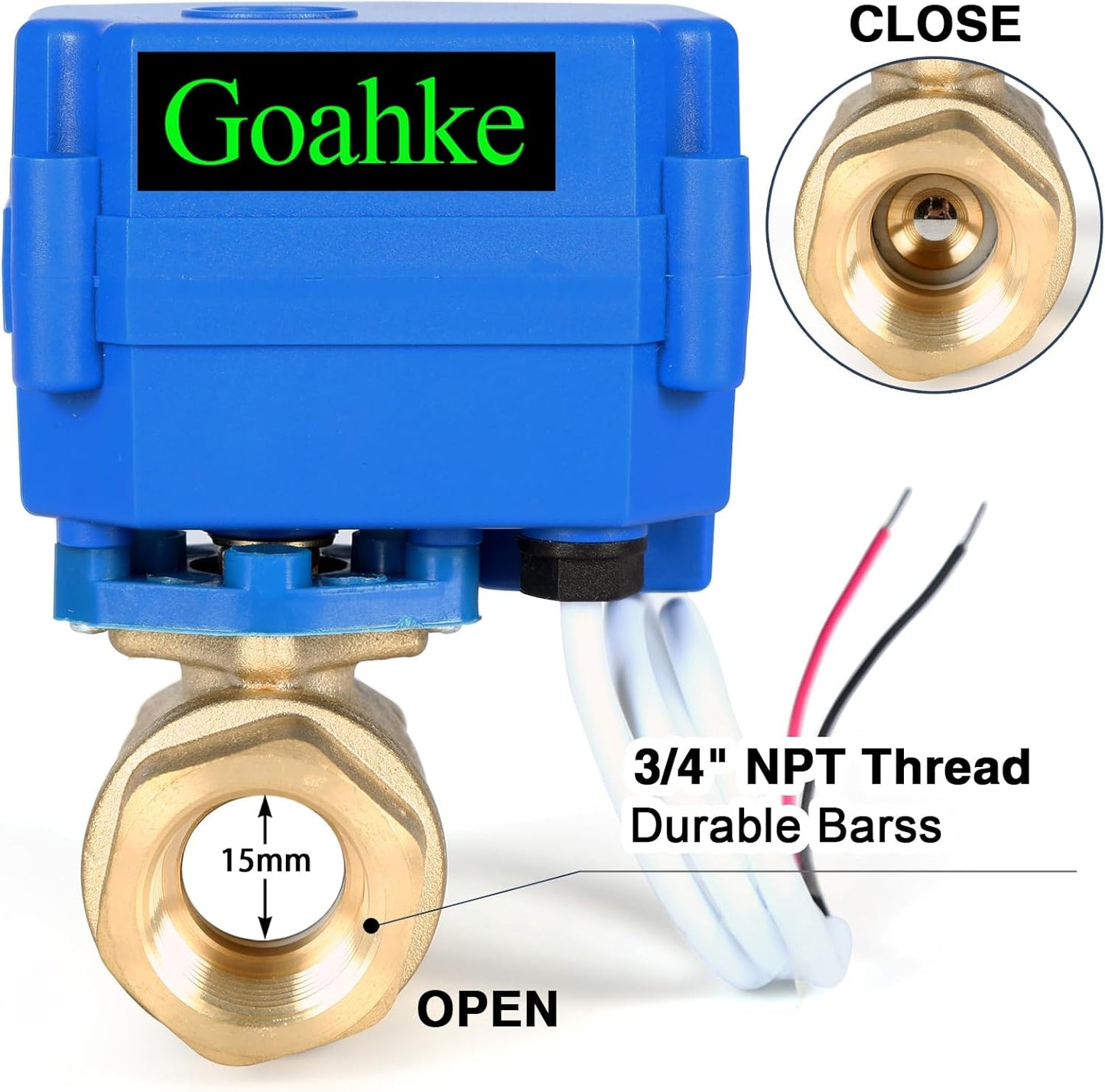 Motorized Ball Valve 3/4", Standard Port, Electric Brass Ball Valve, 9-24V AC/DC, 2 Wire Auto Return, Electric Shut Off Ball Valves