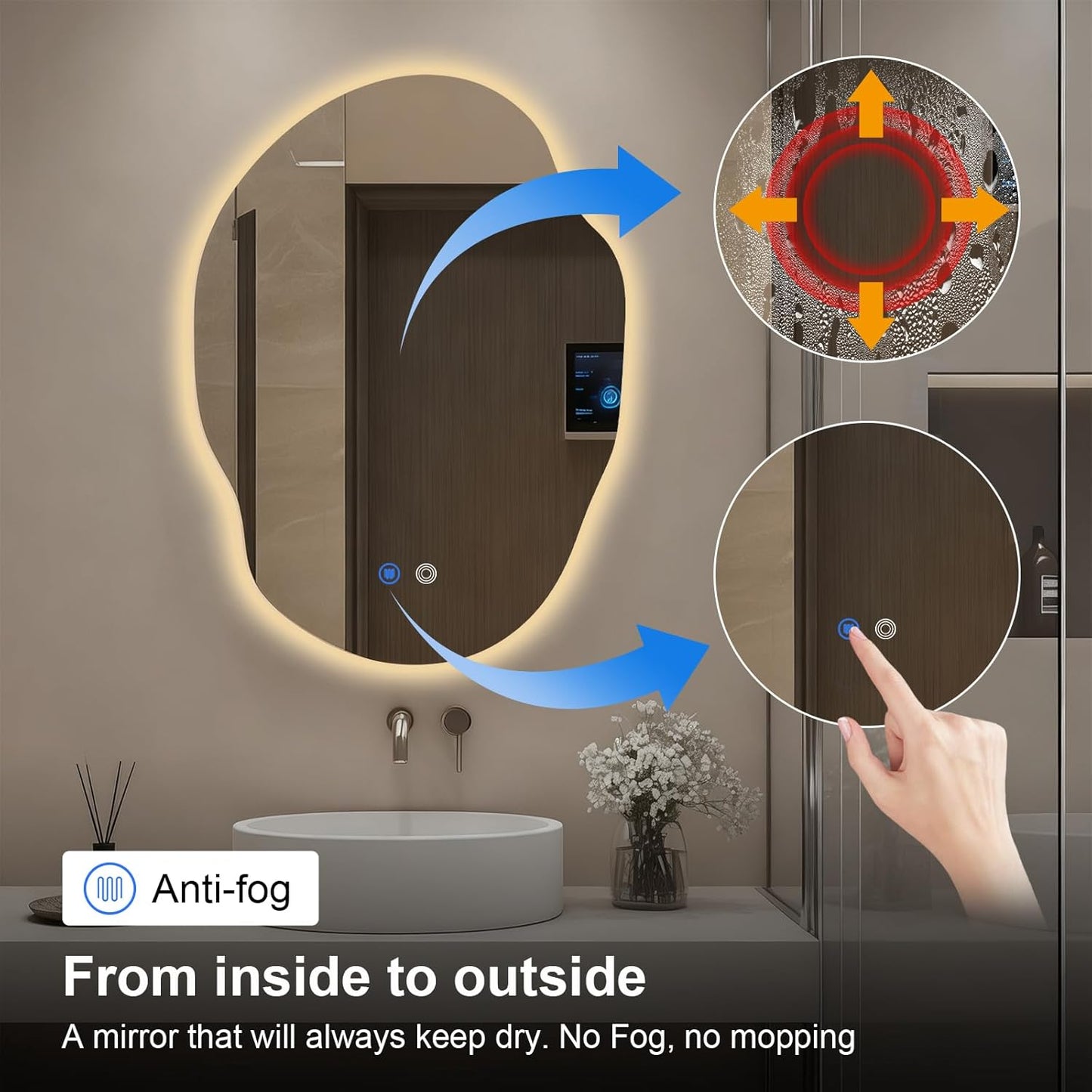 Asymmetrical Bathroom Mirror with Lights,Irregular LED Bathroom Vanity Mirror with Backlit,Anti-Fog,3 Colors and Dimmable Light with Memory,Hardwired Supported[Horizontal/Vertical] 30" H x 22" W