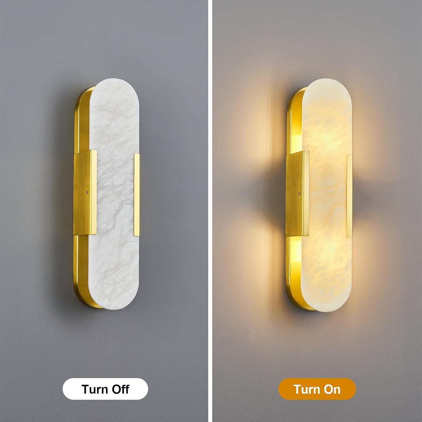 Brass Alabaster Wall Sconce, Modern Natural Marble Wall Sconces for Indoor Lighting, 19.7 in Gold Wall Lights for Bathroom Dining Room Stairs Bedroom (1-Pack)