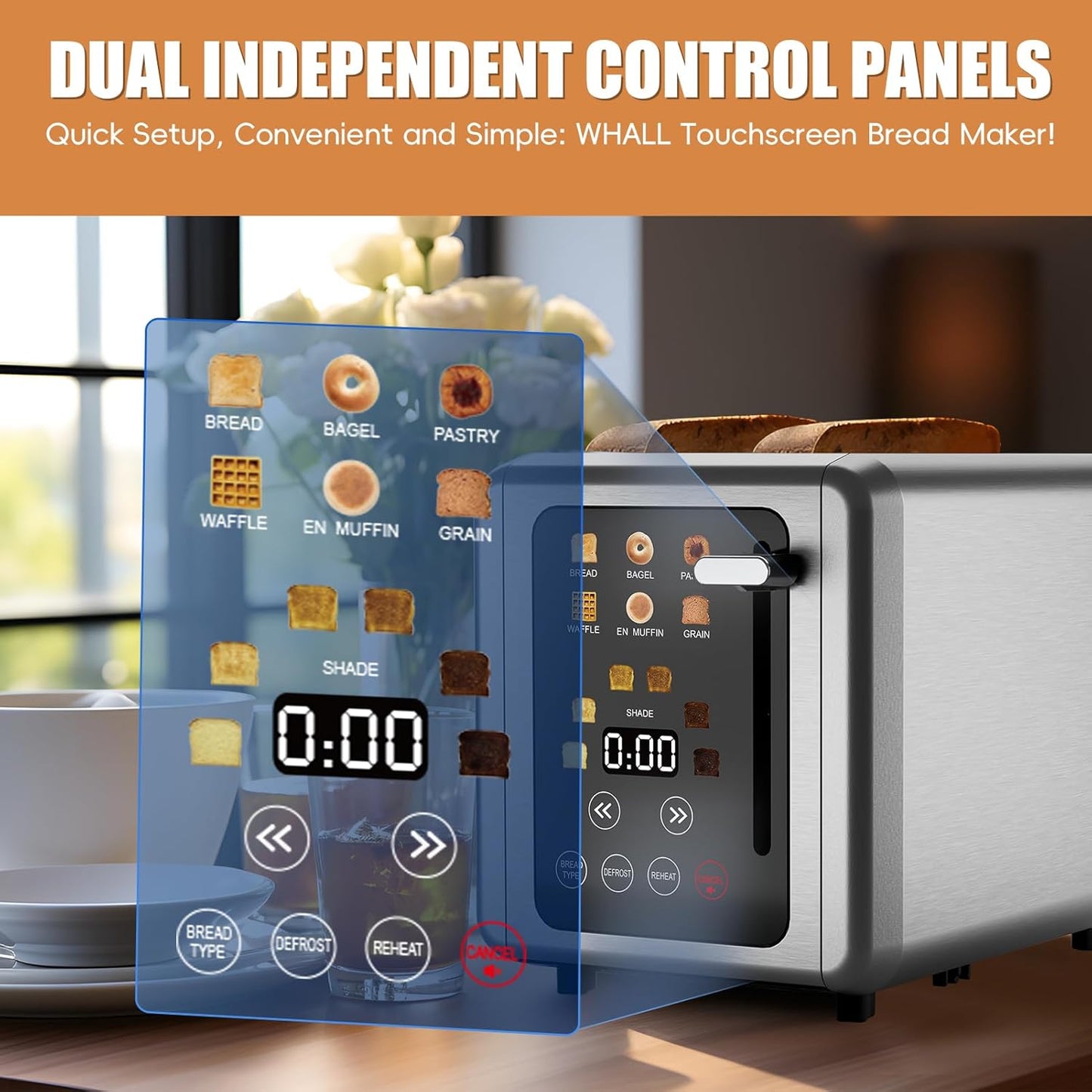 Touch screen Toaster 2 slice,Stainless Steel Digital Timer Toasters with Sound Function,6 Bread Types & 6 Shade Settings,Smart Extra Wide Slots Toaster with Bagel,Defrost Functions,Slate