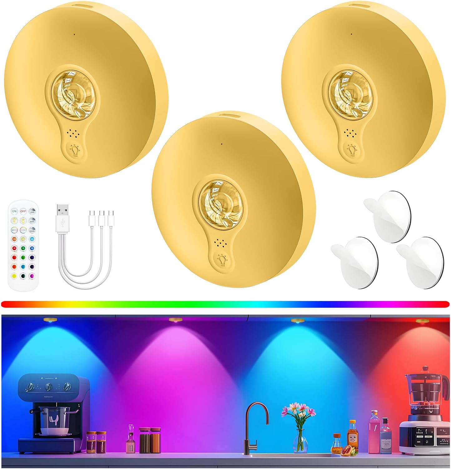 Rechargeable Puck Lights with Remote, 3 Pack Magnetic Under Cabinet Lighting, 1500mAh Battery Operated LED Tap Lights with Dimmer & Timmer for Kitchen, Closet, Shelf - 3 Color Temps & 12 RGB, Gold