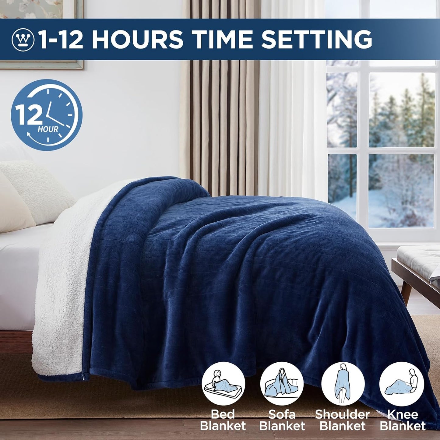 Westinghouse Electric Blanket Queen, Heated Blanket Queen Size with 10 Heating Levels and 1 to 12 Hours Heating Time Settings, Flannel to Sherpa Reversible, Machine Washable (84" x 90", Navy)