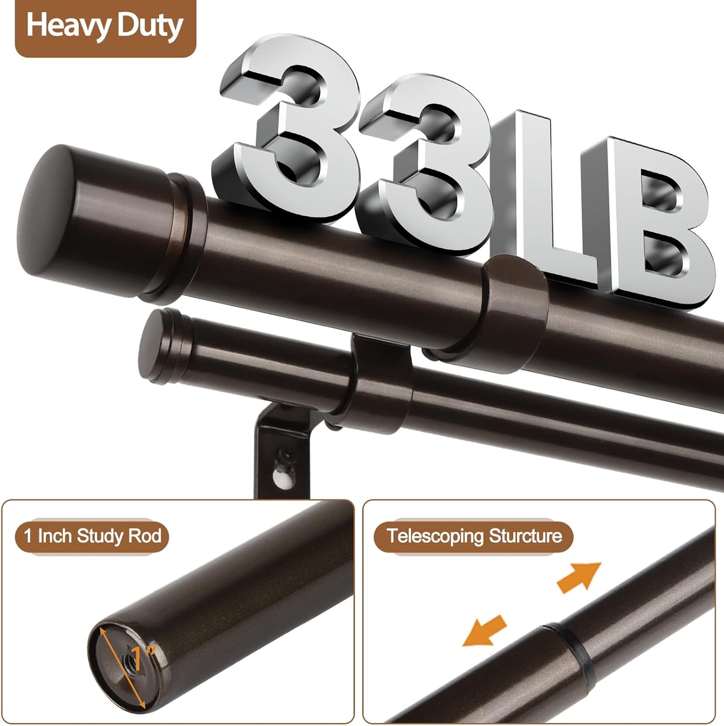 Double Curtain Rod 72 to 144 Inch, HOTOZON 1 Inch Heavy Duty Curtain Rods for Windows, Telescoping Double Drapery Rod with Simple Cap Finials, Bronze