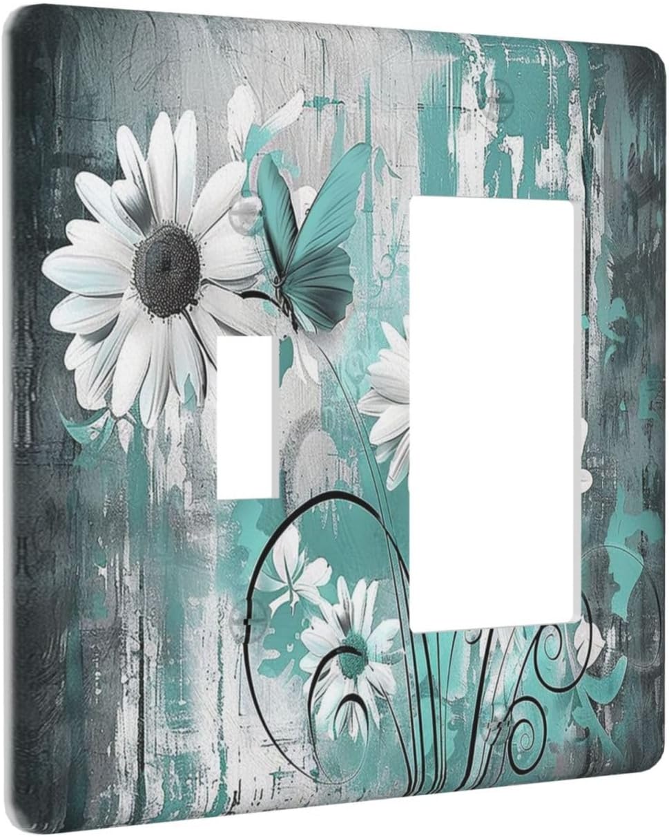 Outlet Covers Teal Daisy Floral Vintage Wood Plank 1 Toggle 1 Rocker Combination Decorative Wall Plate Electrical Switch Plates Light Switch Cover Plate For Farmhouse Cabin Decor