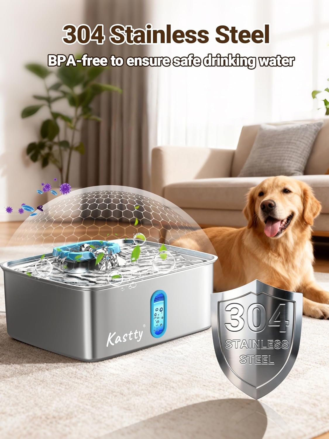 Kastty 3.96 Gal Large Dog Water Fountain,15L Stainless Steel Dog Water Bowl Dispenser with Water Level Window and LED Light,Ultra Quiet Automatic Pet Water Fountain Easy Cleaning(FS78,Blue)