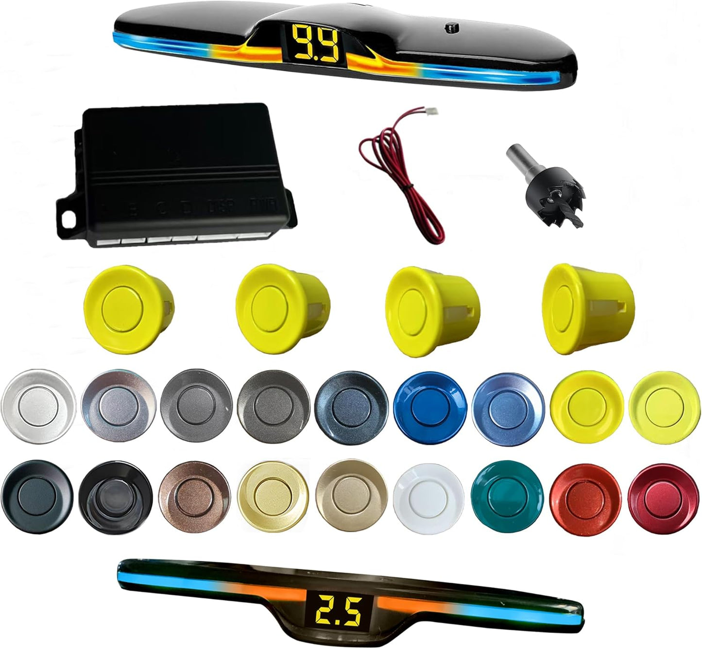 New Feature Rear Parking Sensor with Selectable Distance in Feet, Bidirectional Display Options, and Customizable Numeric Orientation and There are 18 Color Probes to Choose from(Yellow)