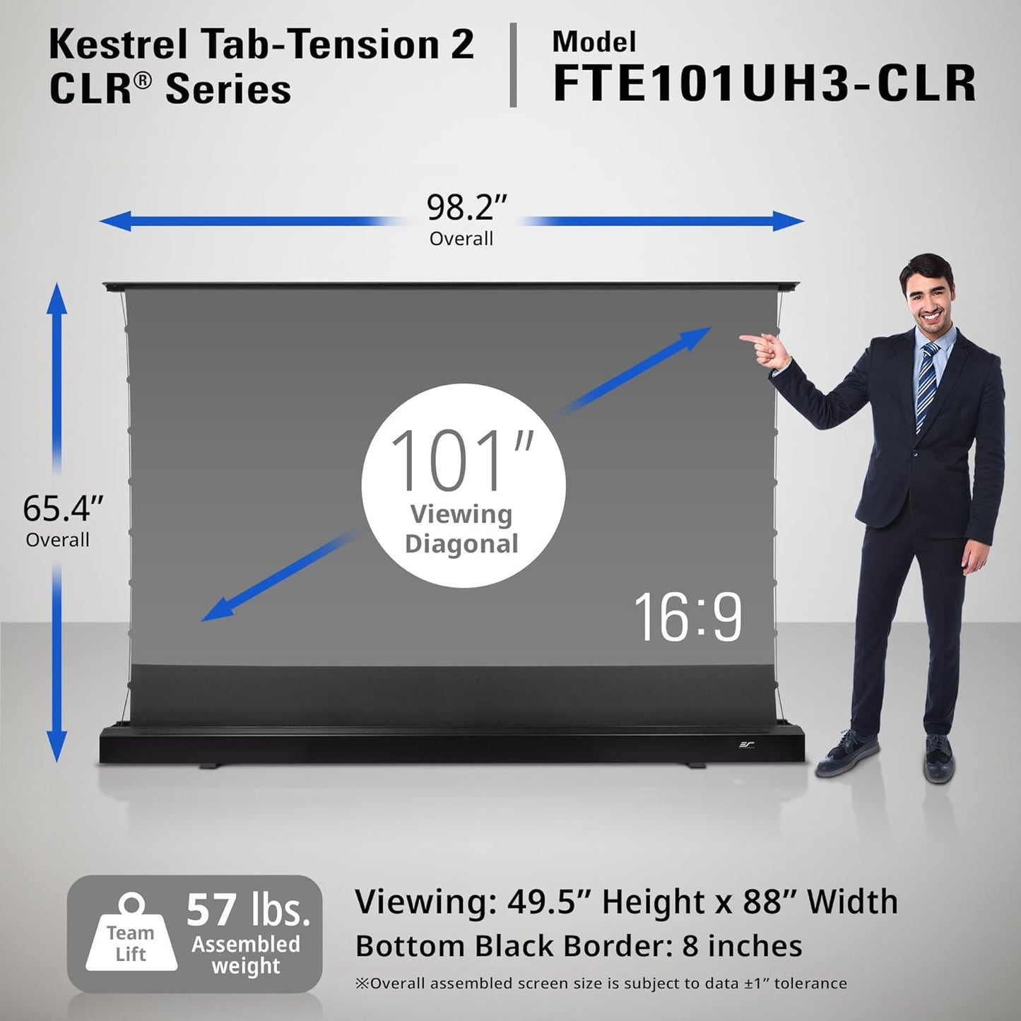 Elite Screens Kestrel Tab-Tension CLR, 101 inch 16:9, Ultra-Short Throw Ceiling Ambient Light Rejecting ALR Electric UST Floor-Rising Projection Motorized Front Projector Screen, FTE101UH3-CLR, Black