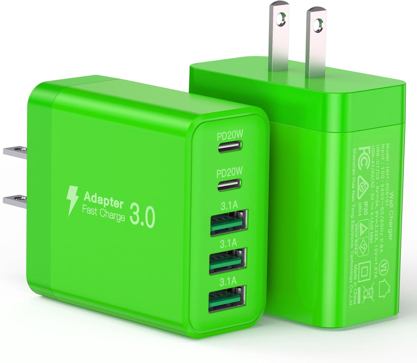 [2-Pack] USB C Wall Charger, 60W Fast USB C Charger Block, 5-Port PD Power Adapter + QC Wall Plug Multiport Type C Charging Block Cube Compatible with iPhone 17 16 15 14 13 12 Pro Max XR XS, Green