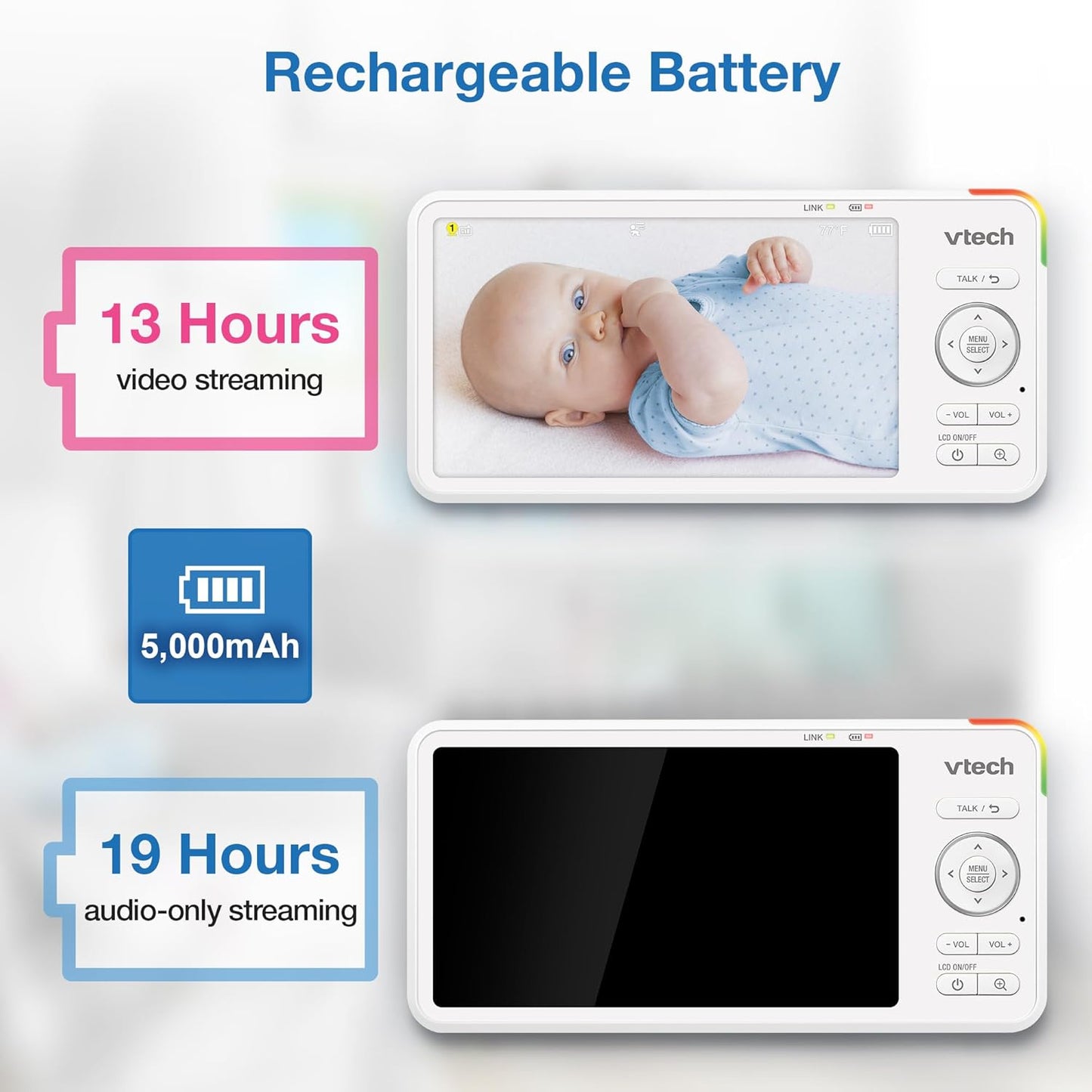 VTech 2-Cameras Advanced HD Video Baby Monitor with Camera & Audio, 5.5" High-Definition IPS Screen, Pan-Tilt-Zoom, Night Light, 2-Way Talk, Lullabies, Soothing Sounds, No WiFi: Advanced HD Plus Twin
