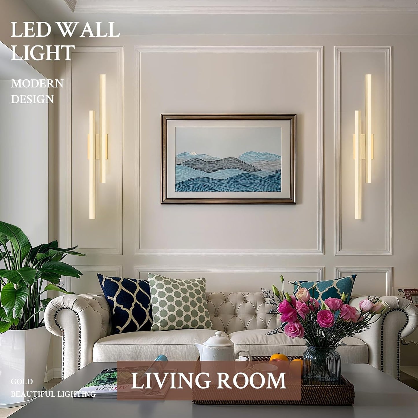 LED Wall Sconce Set of 2 Gold Remote Modern LED Vanity Lights Set of 2 Indoor Wall Light Fixtures for Living Room, Dimmable Wall Sconce for Bedside Bedroom Bathroom, 31.5inch 2 Pack