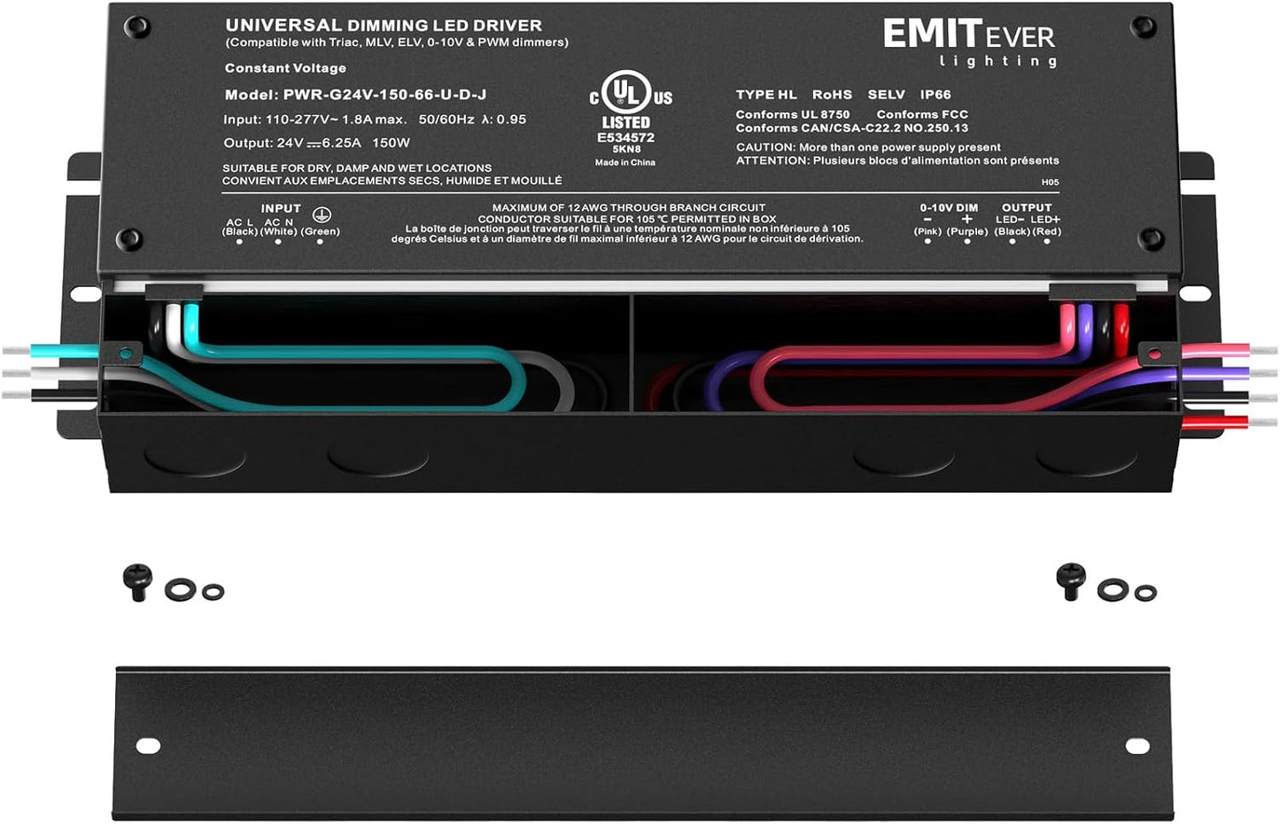 EMITEVER Dimmable Led Driver, 2 Packs 150W AC 110V-277V to DC 24V Transformer, 5-in-1 Dimming: ELV/MLV/TRIAC / 0-10V / 1-10V / 10V PWM/Potentiometer, Waterproof IP67 and UL Listed