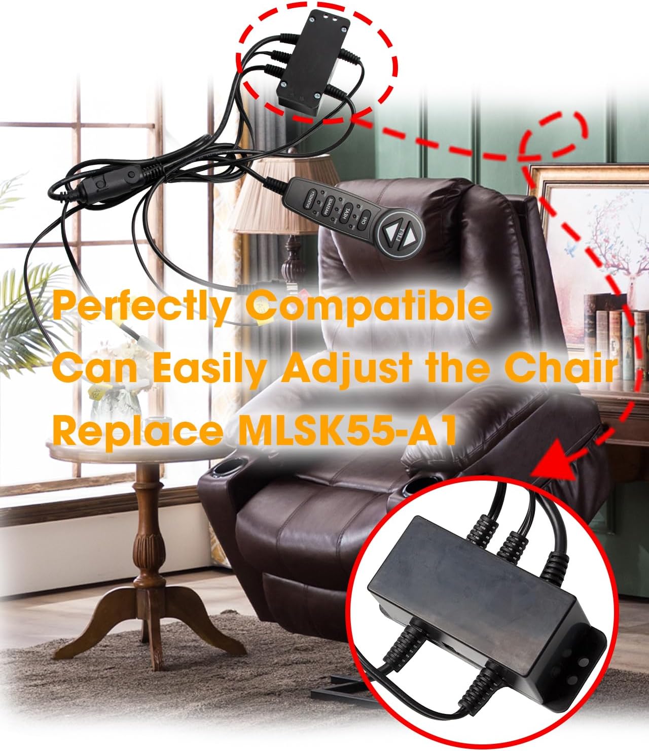 Lift Chair Prong Hand Control Remote Replace MLSK55-A1 Fit for Okin Catnapper Mulin Dewert Limoss Kaidi, with 6 Function Keys 5 Pin and Junction Box