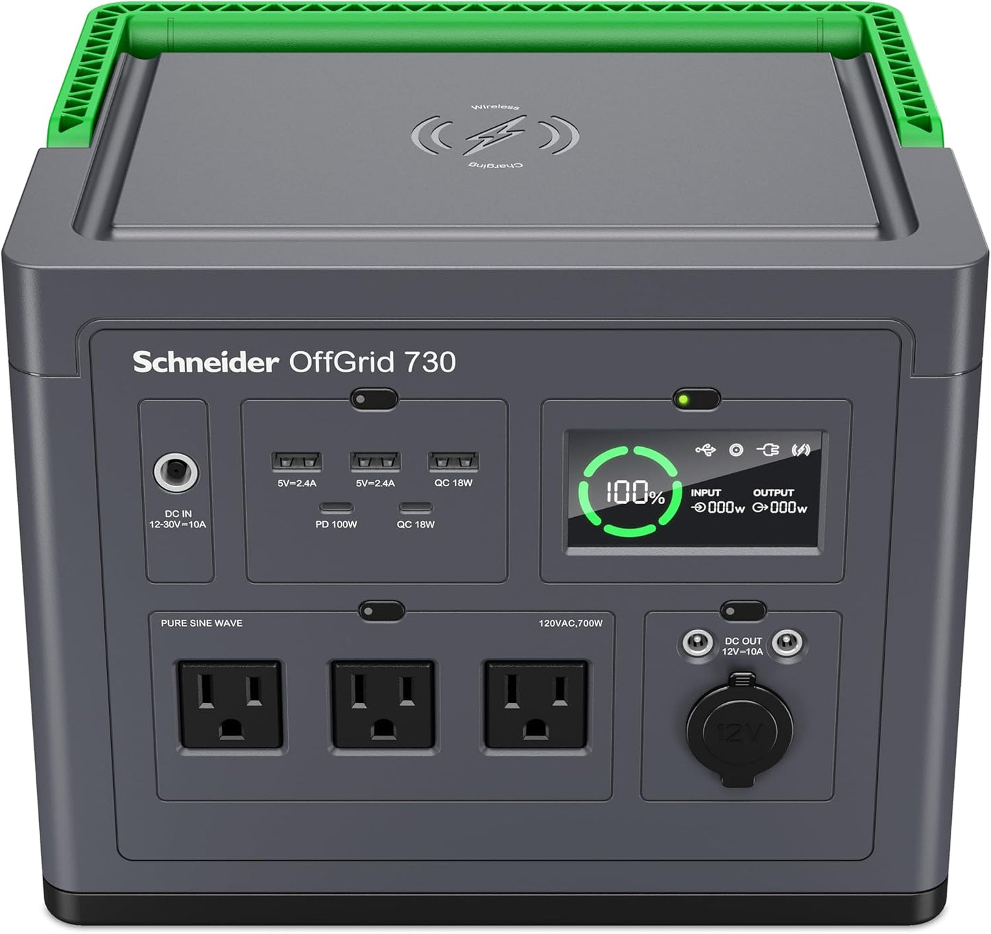 Schneider OffGrid 738Wh Portable Power Station, PPS730 Portable Solar Generator with Wireless Charging Pad, for Camping or Home