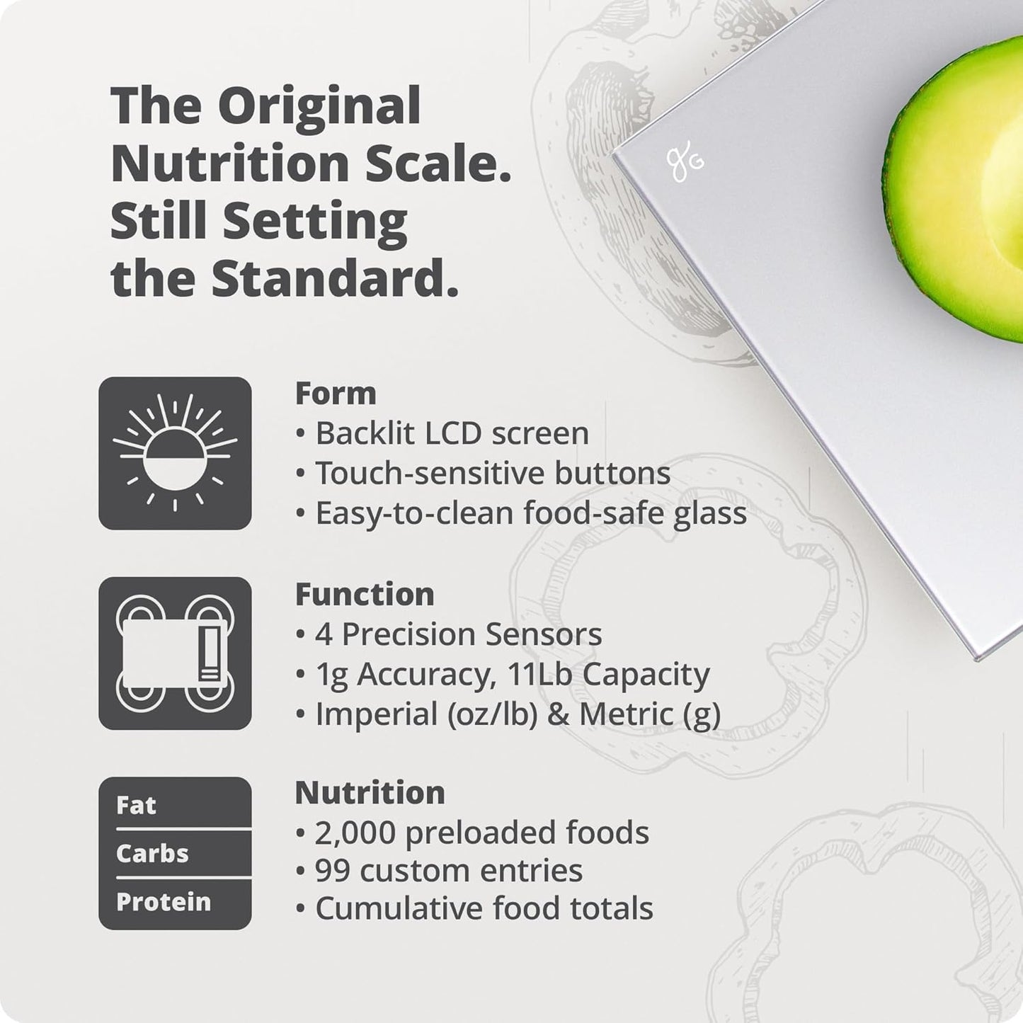 Greater Goods Food Scale with Nutrition Calculator, Non Connected Calorie Scale for Meal Prep, Weight Loss, 2000 Pre-Loaded Food Codes, Compact Kitchen Scale, Battery Operated, 11lb Capacity, Silver